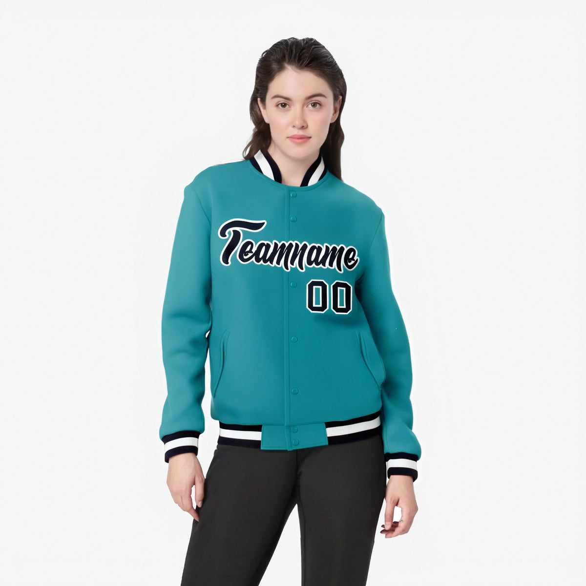 Custom Aqua-Navy-White Bomber Full-Snap Varsity Letterman Jacket