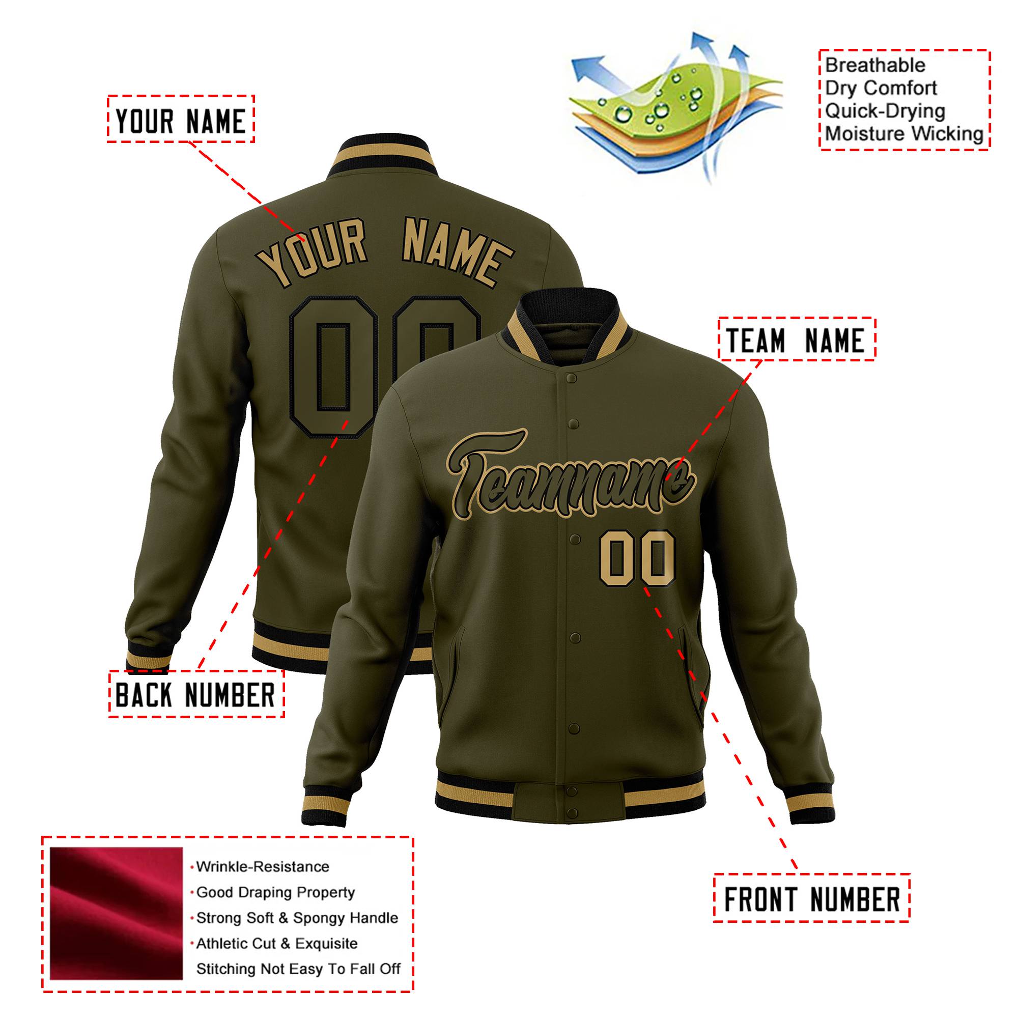 Custom Olive-Old Gold- Black Bomber Full-Snap Varsity Letterman Jacket