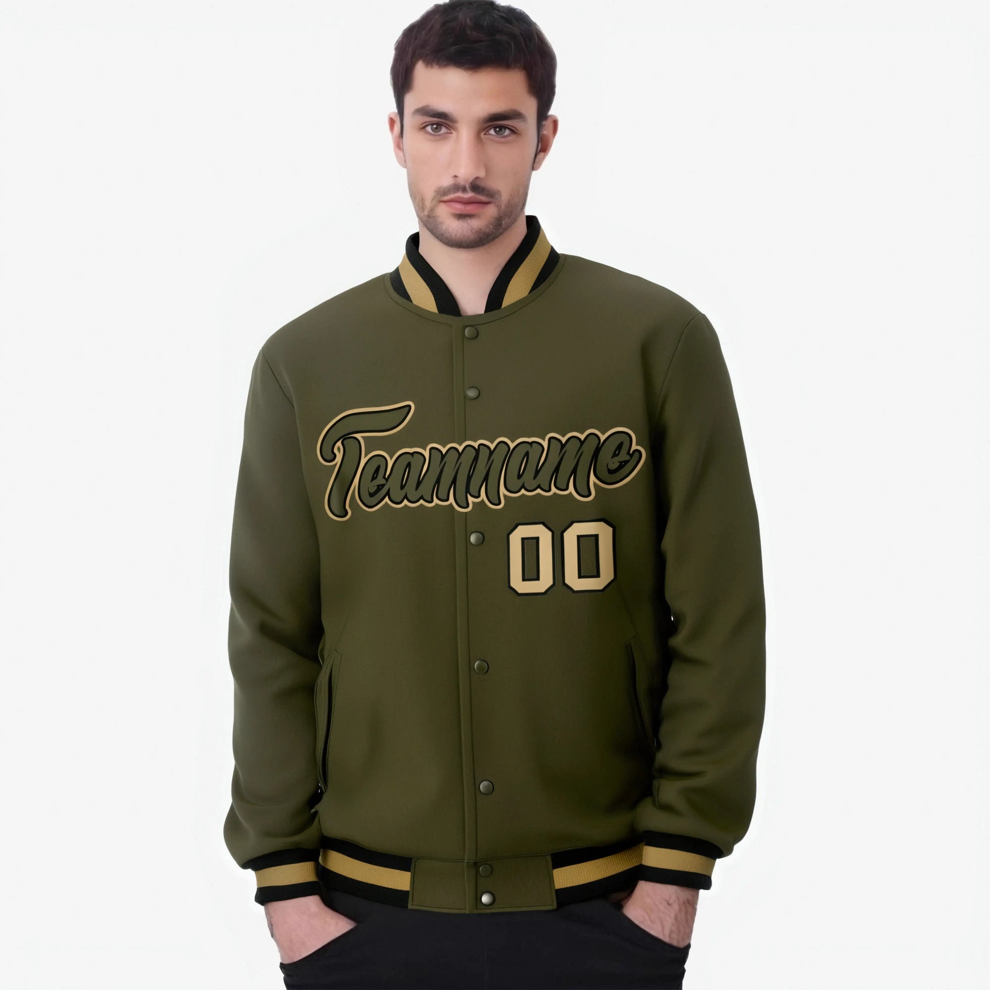 Custom Olive-Old Gold- Black Bomber Full-Snap Varsity Letterman Jacket