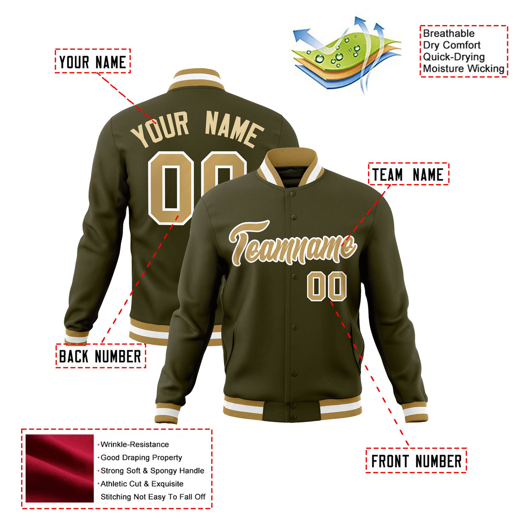 Custom Olive- Old Gold- White Bomber Full-Snap Varsity Letterman Jacket