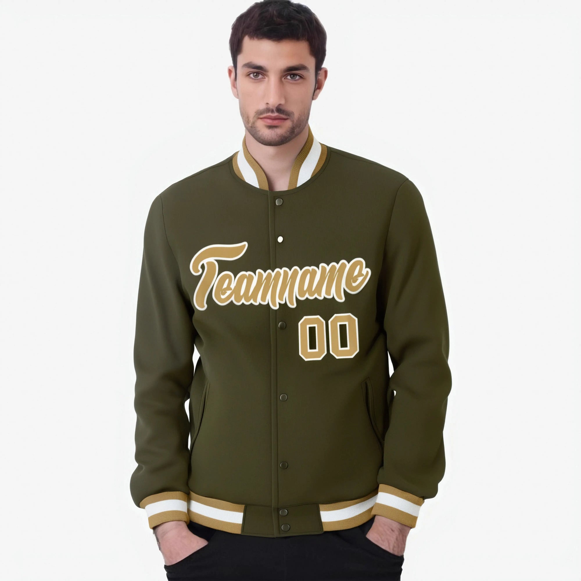 Custom Olive- Old Gold- White Bomber Full-Snap Varsity Letterman Jacket