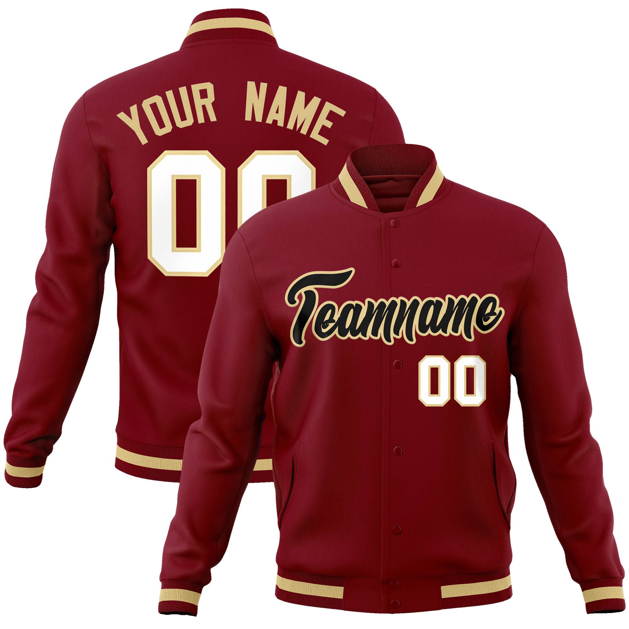 Custom Crimson-Khaki-White Bomber Full-Snap Varsity Letterman Jacket