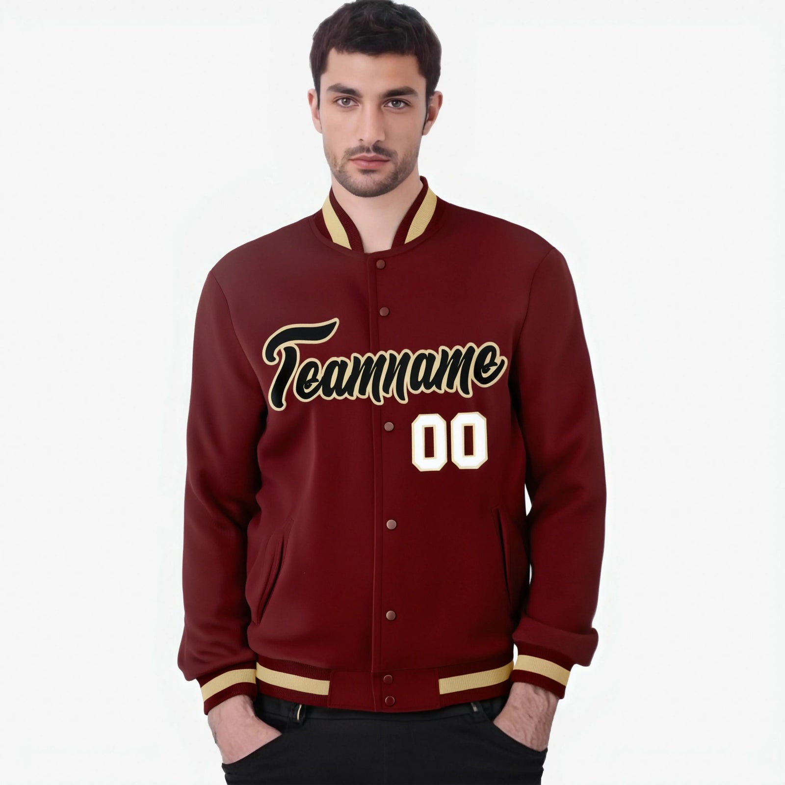 Custom Crimson-Khaki-White Bomber Full-Snap Varsity Letterman Jacket