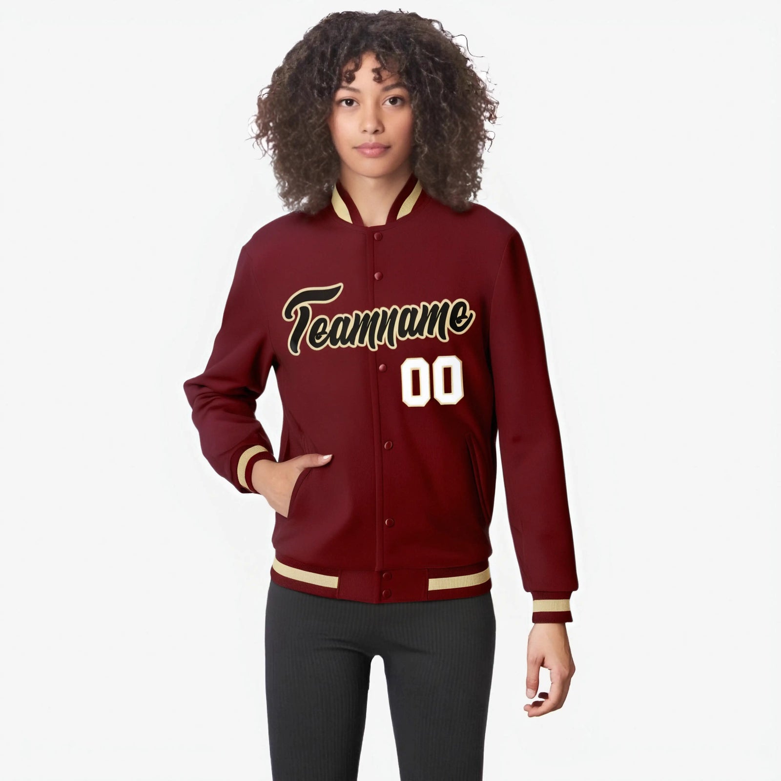 Custom Crimson-Khaki-White Bomber Full-Snap Varsity Letterman Jacket