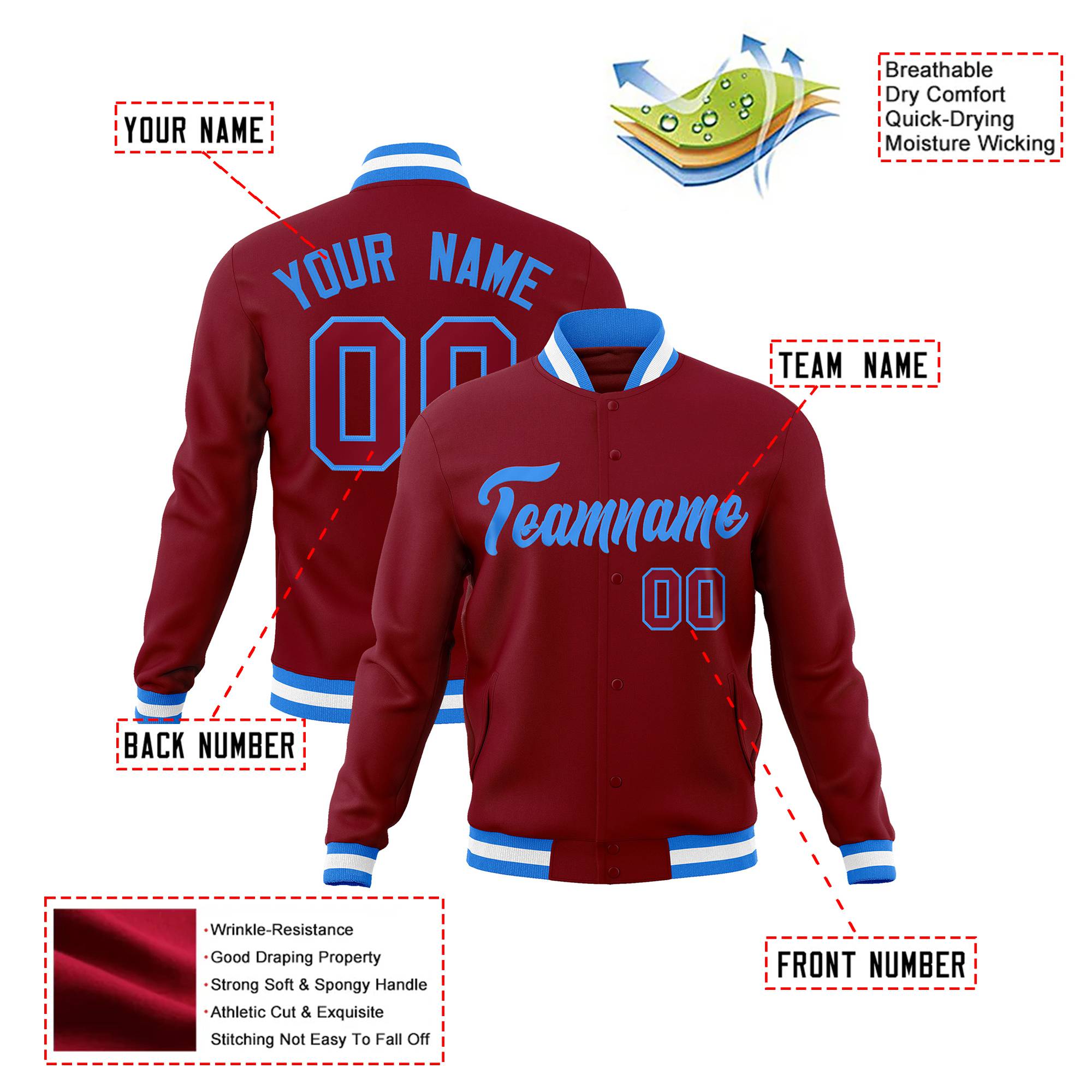 Custom Crimson-Powder Blue -White Bomber Full-Snap Varsity Letterman Jacket