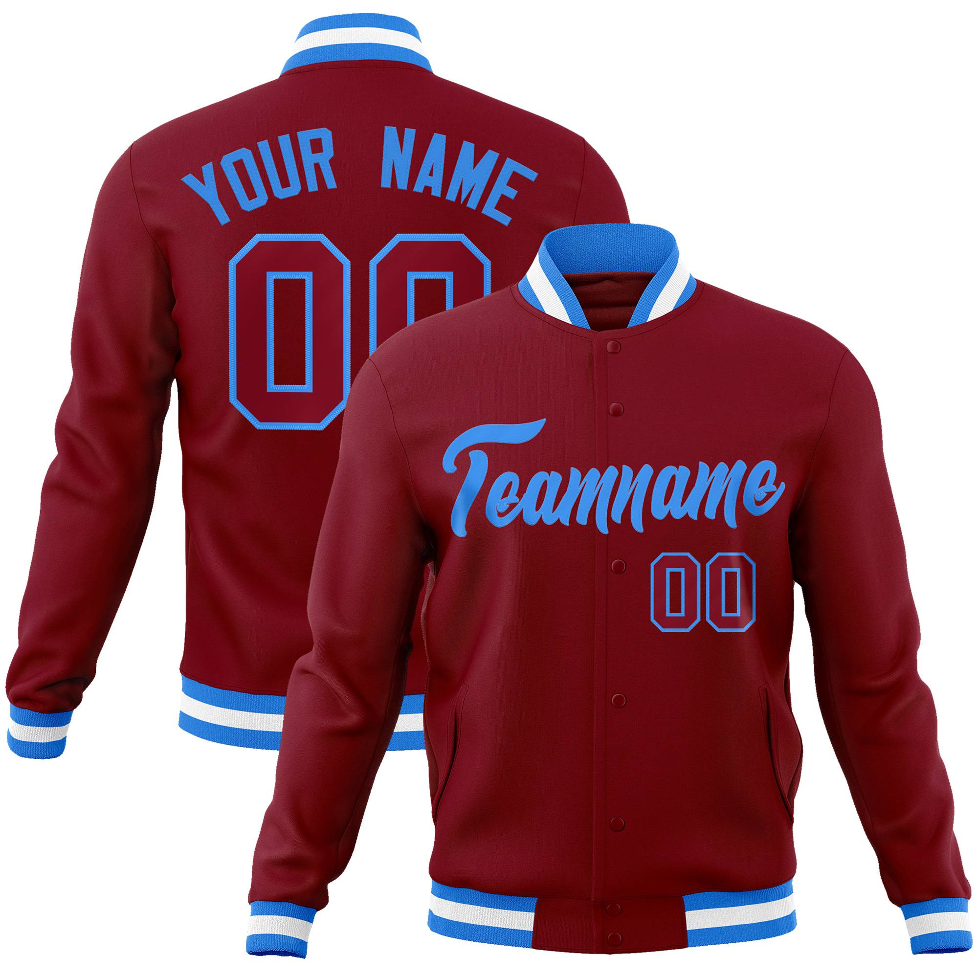 Custom Crimson-Powder Blue -White Bomber Full-Snap Varsity Letterman Jacket