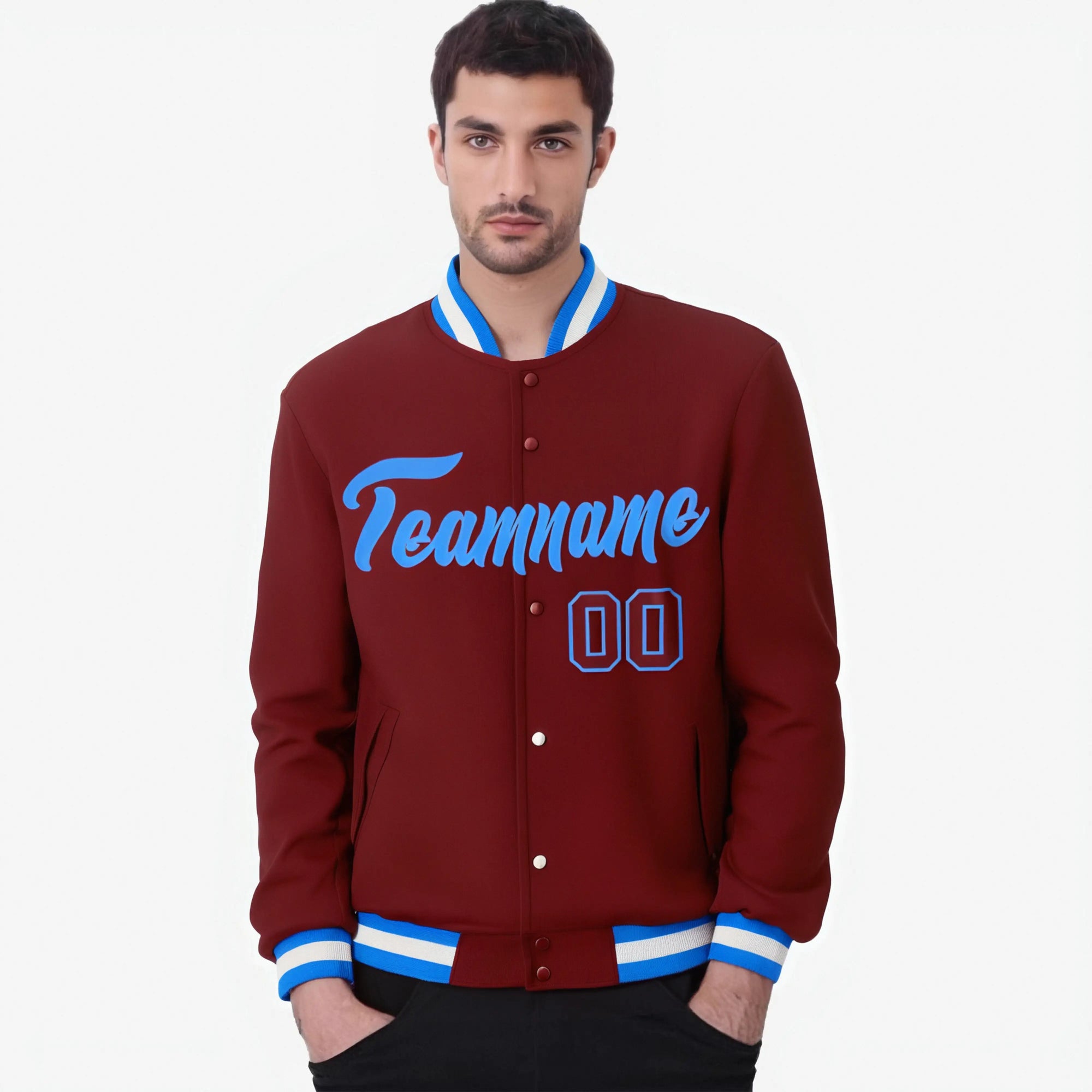 Custom Crimson-Powder Blue -White Bomber Full-Snap Varsity Letterman Jacket