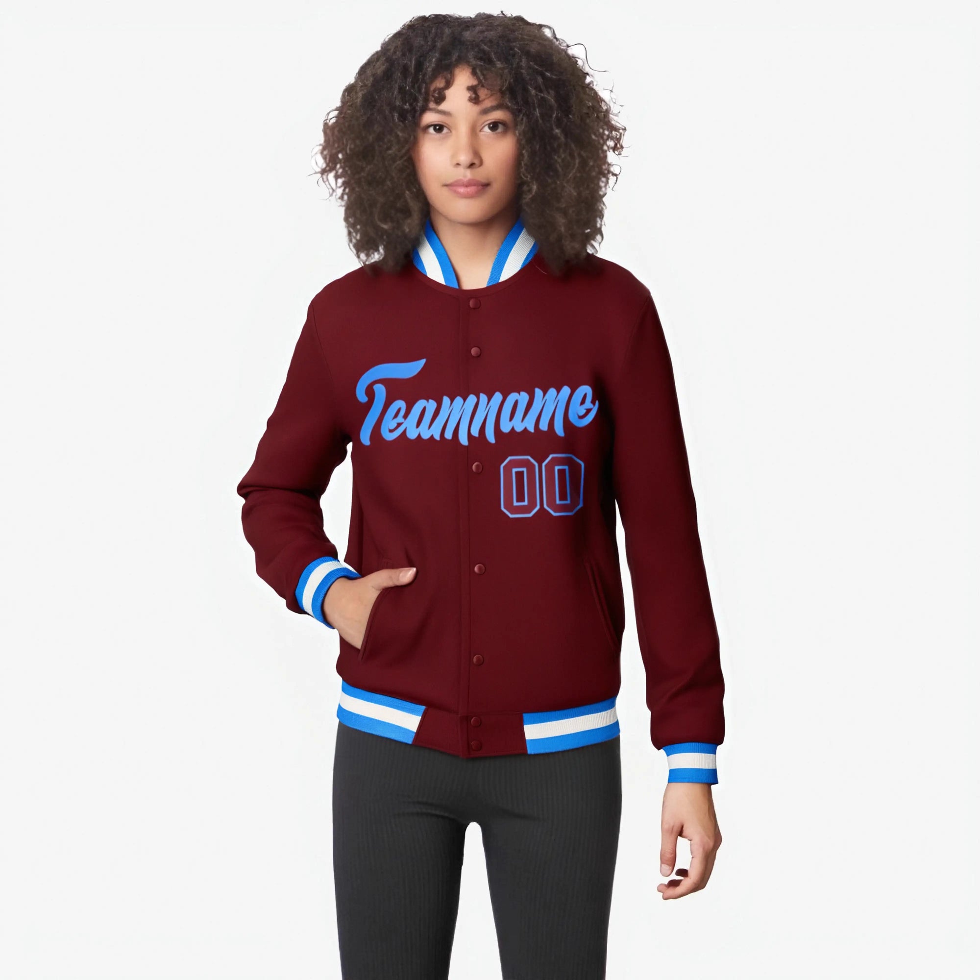 Custom Crimson-Powder Blue -White Bomber Full-Snap Varsity Letterman Jacket