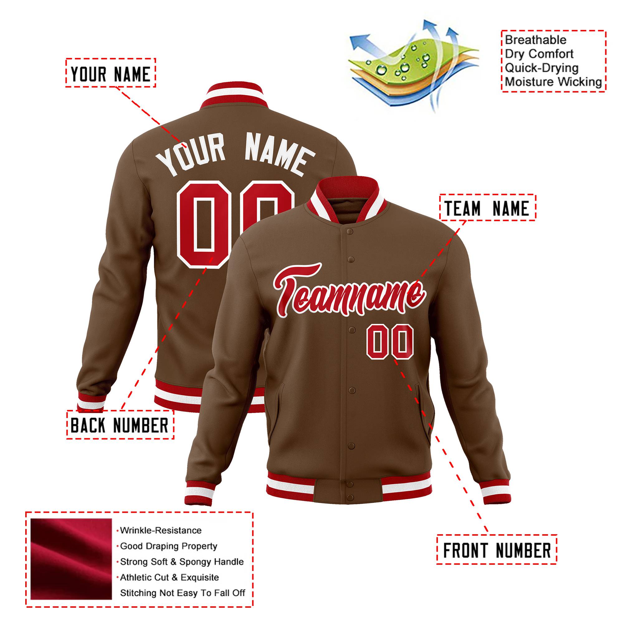 Custom Brown- Red-White Bomber Full-Snap Varsity Letterman Jacket