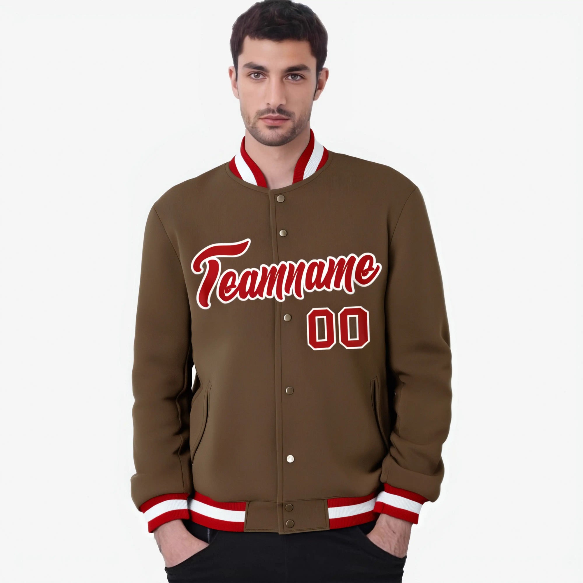 Custom Brown- Red-White Bomber Full-Snap Varsity Letterman Jacket