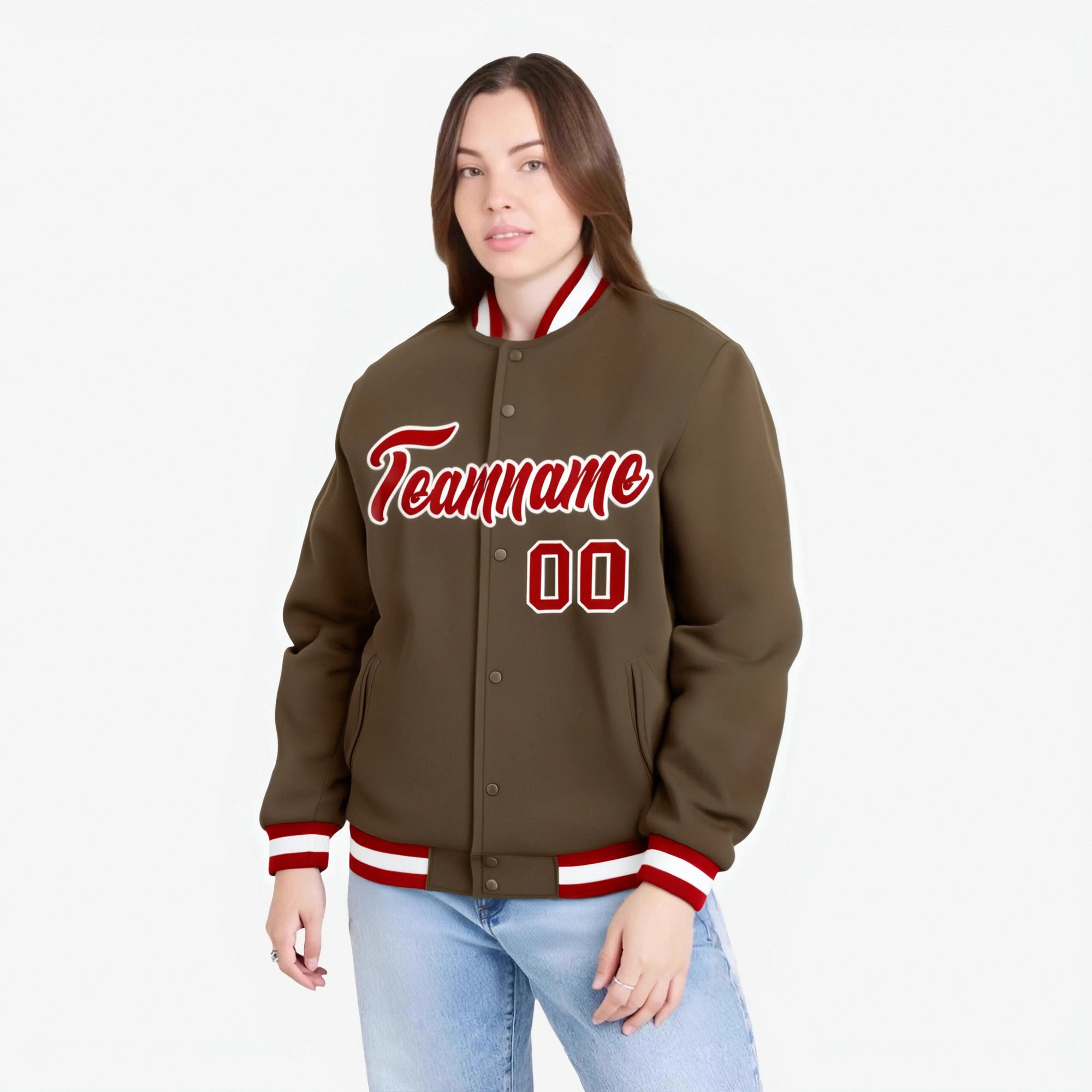 Custom Brown- Red-White Bomber Full-Snap Varsity Letterman Jacket