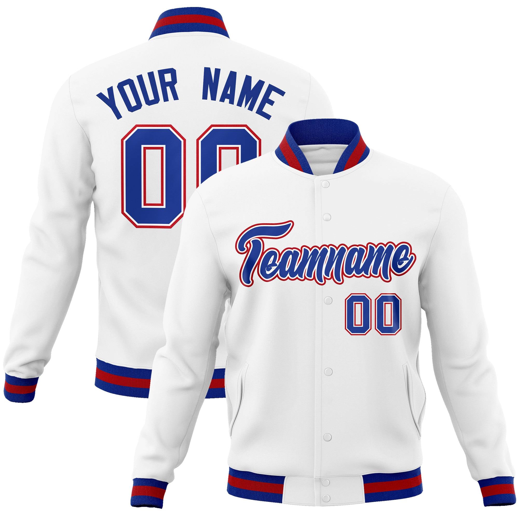 Custom White-Royal Blue-Red Bomber Full-Snap Varsity Letterman Jacket