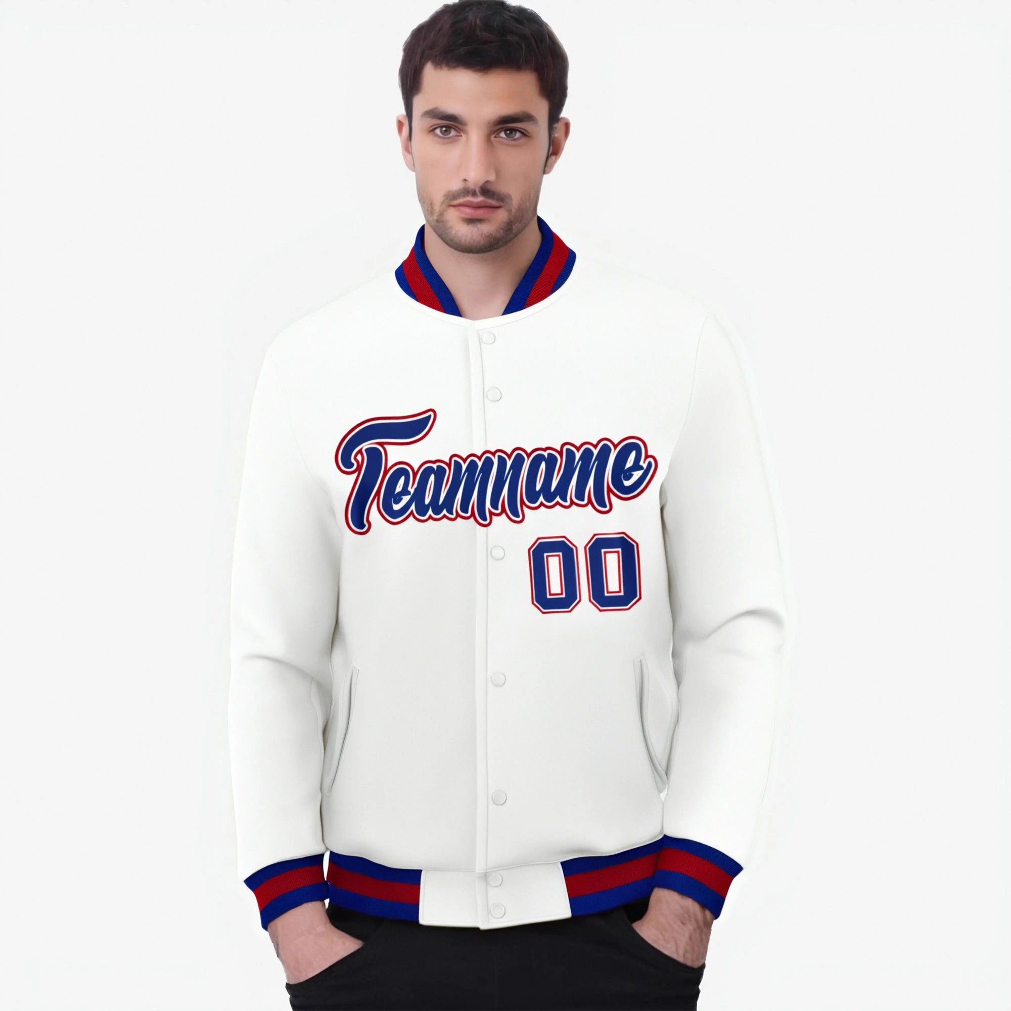 Custom White-Royal Blue-Red Bomber Full-Snap Varsity Letterman Jacket