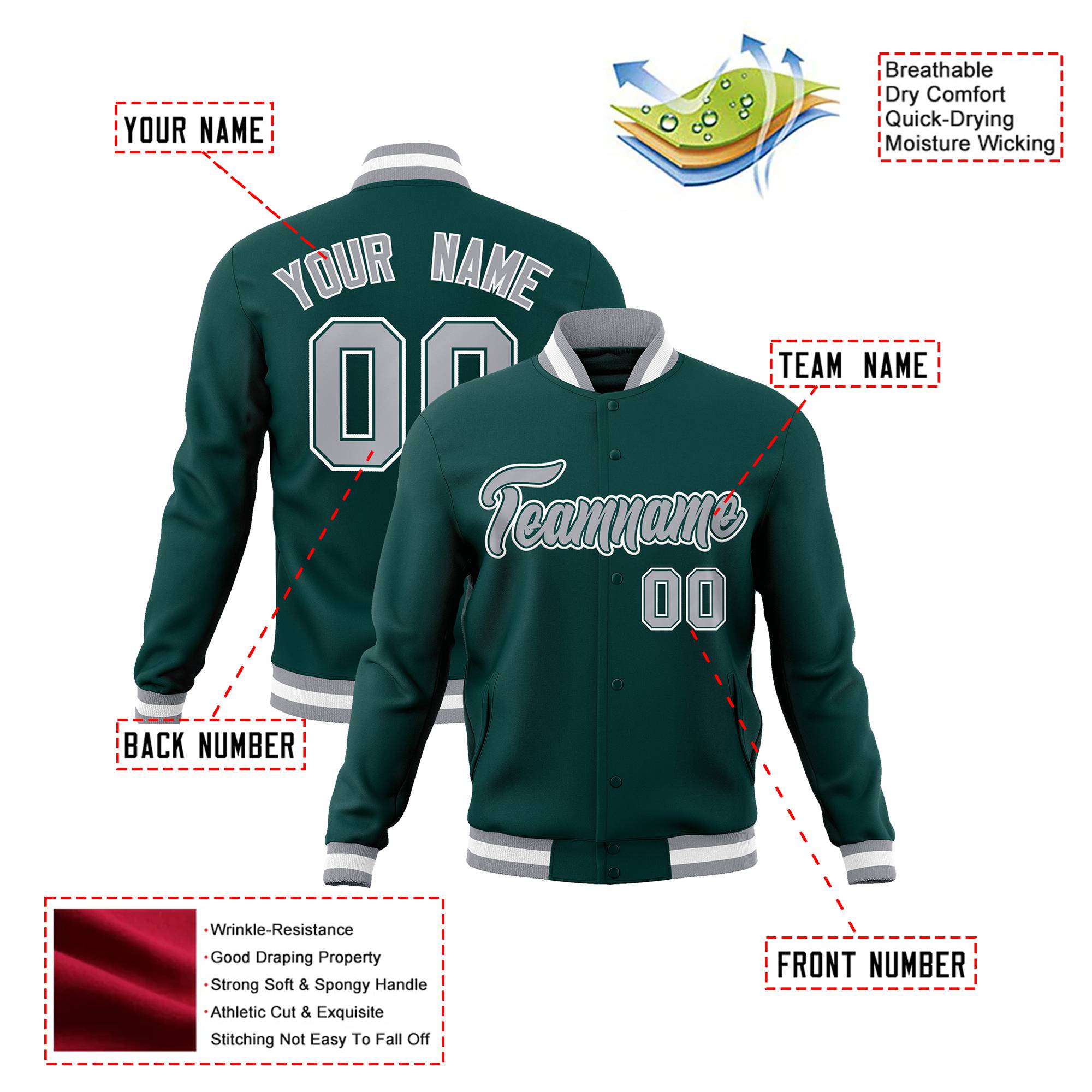 Custom Midnight Green- Gray- White Bomber Full-Snap Varsity Letterman Jacket