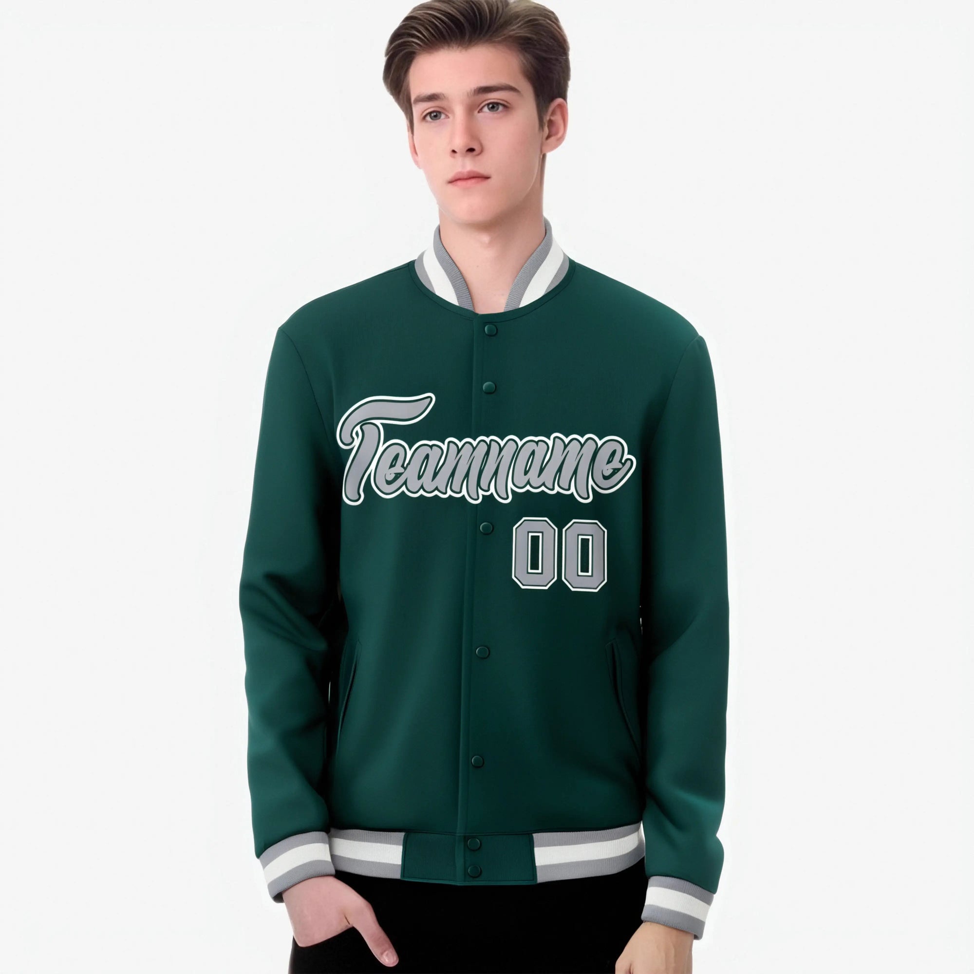 Custom Midnight Green- Gray- White Bomber Full-Snap Varsity Letterman Jacket