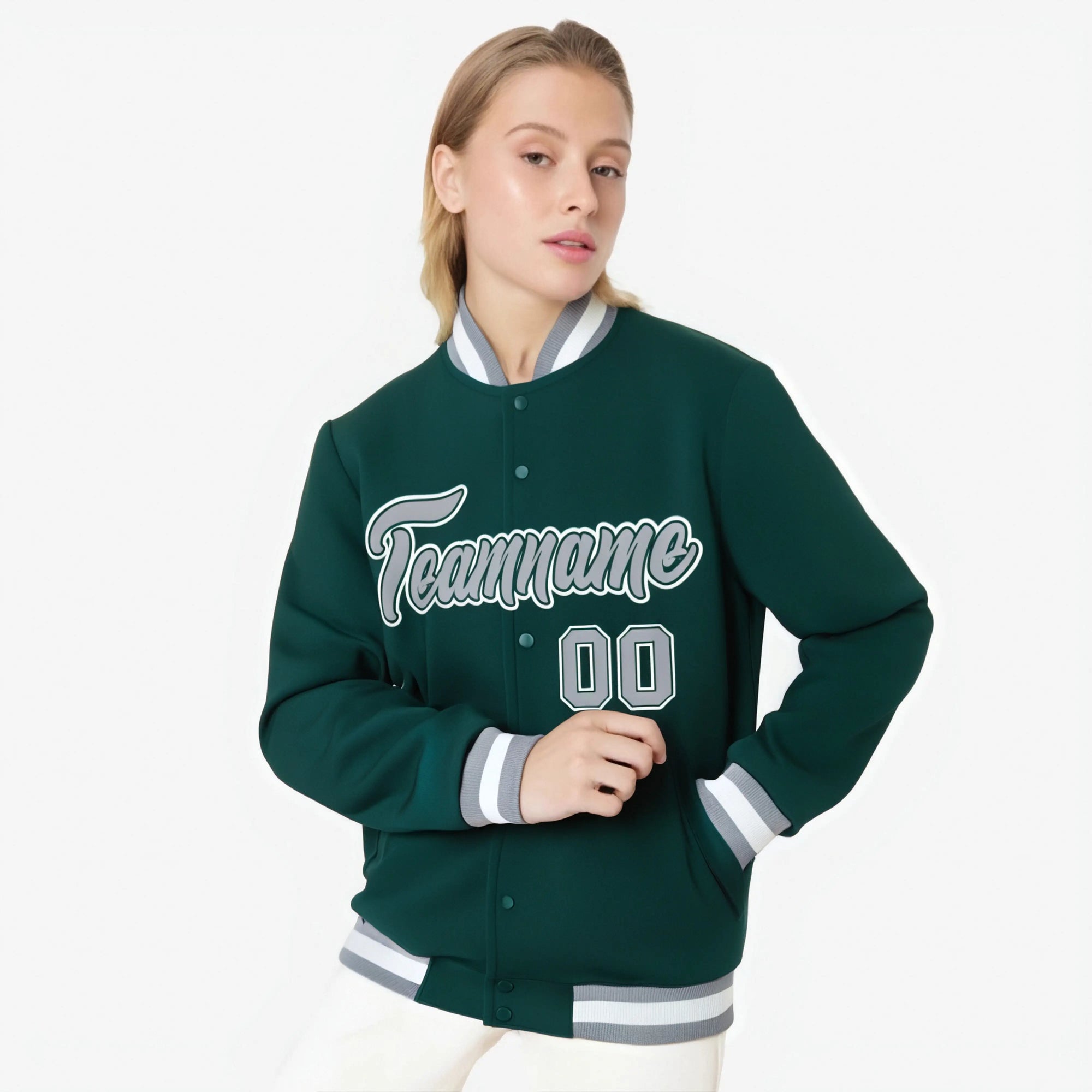 Custom Midnight Green- Gray- White Bomber Full-Snap Varsity Letterman Jacket