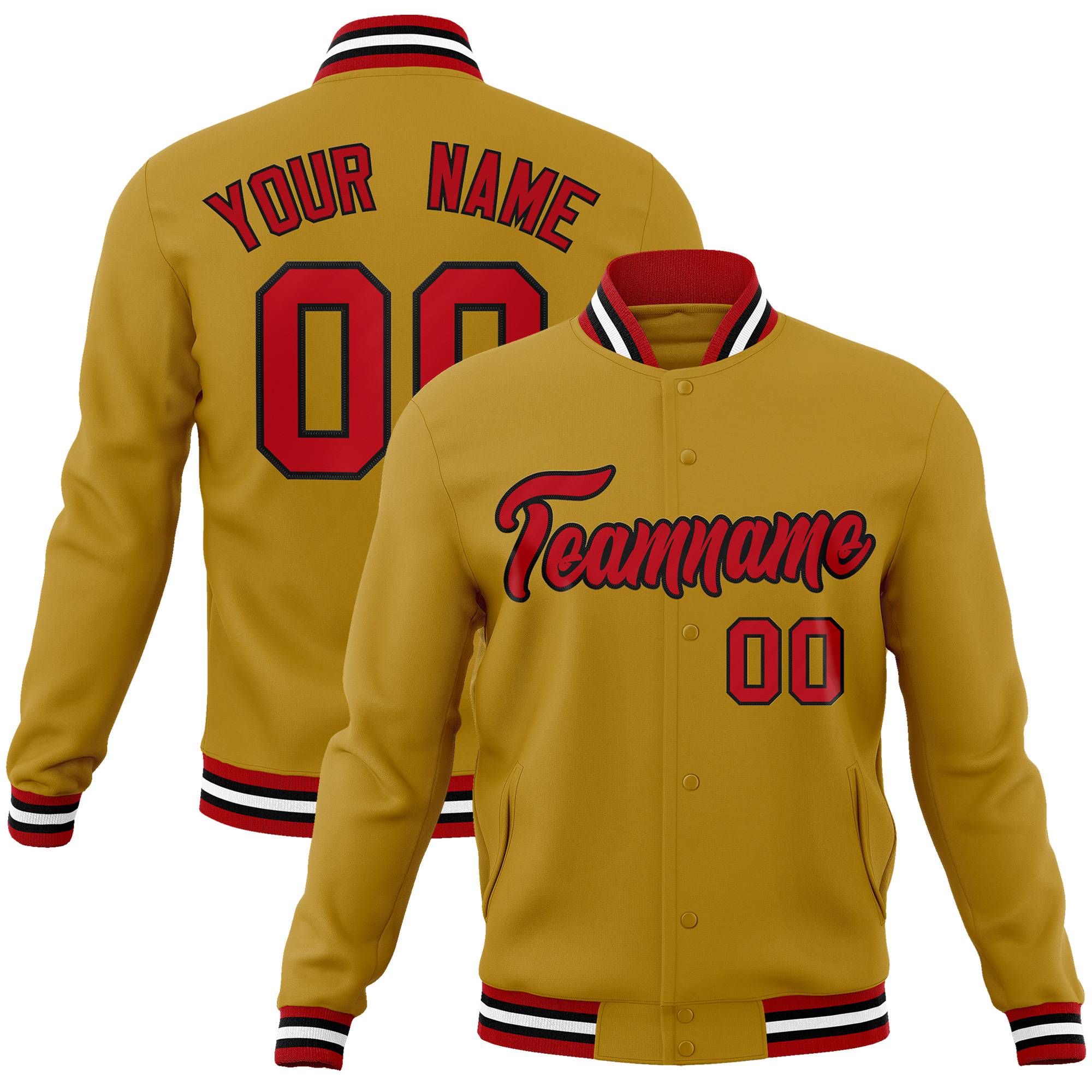 Custom Gold- Red-White Bomber Full-Snap Varsity Letterman Jacket