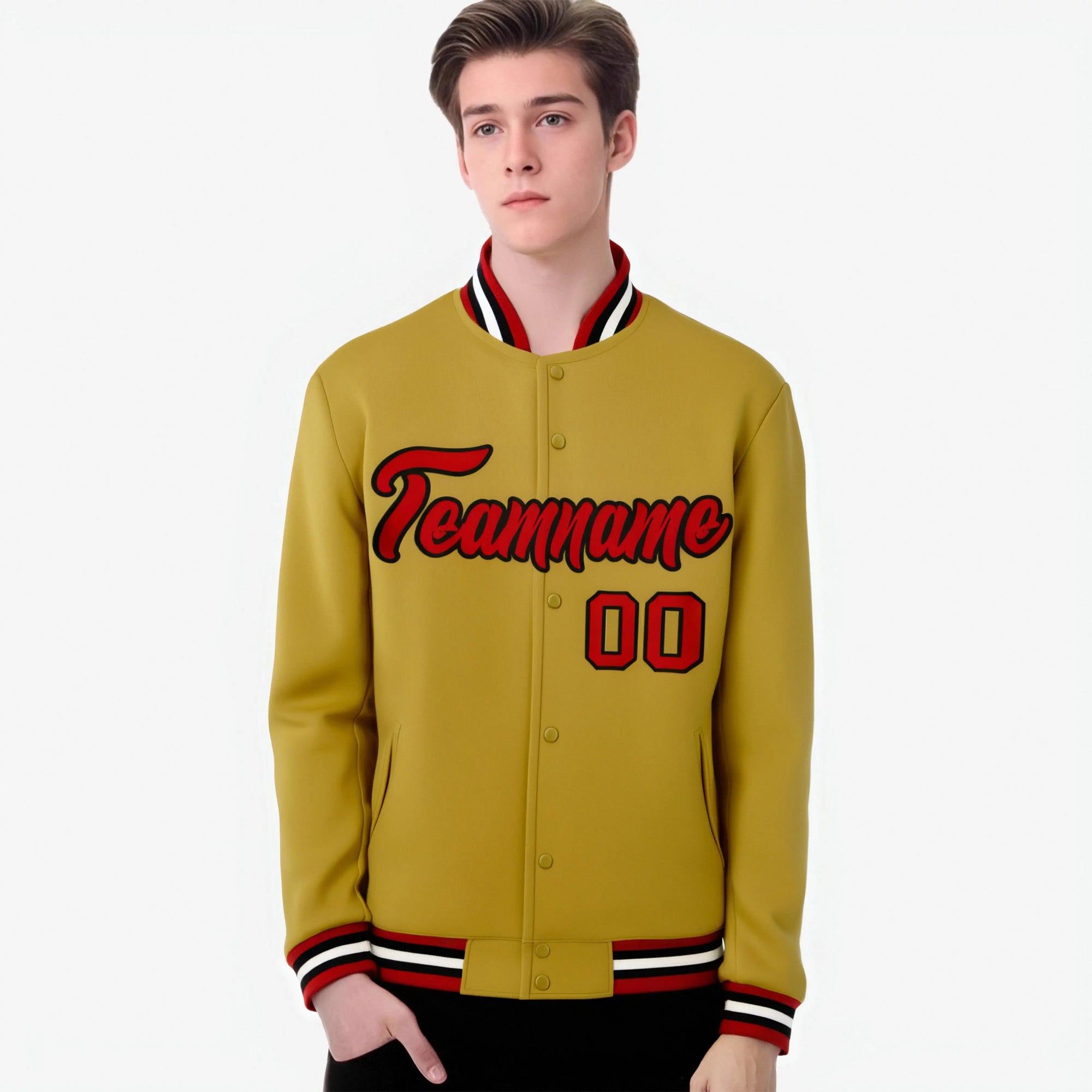 Custom Gold- Red-White Bomber Full-Snap Varsity Letterman Jacket