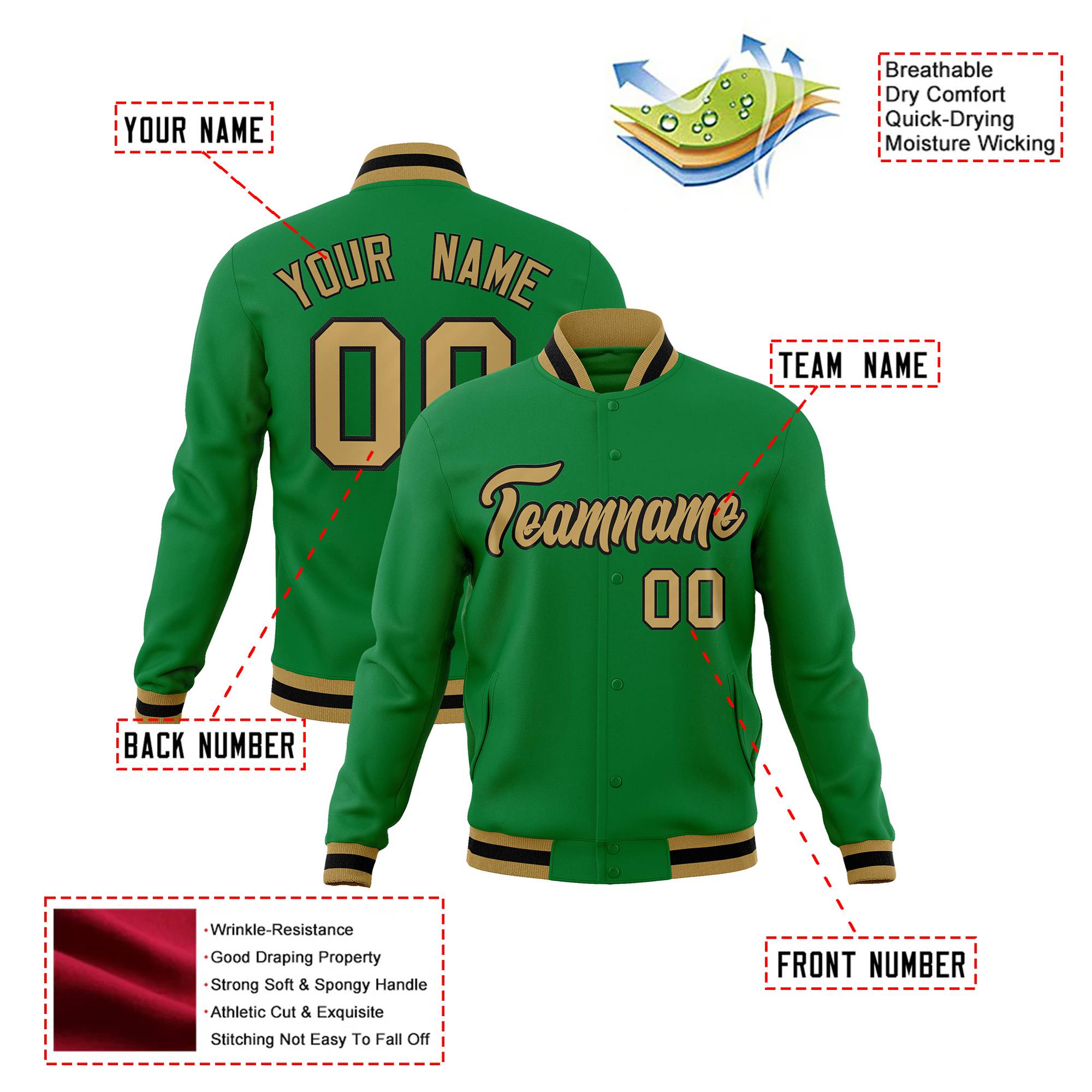 Custom Kelly Green- Old-Gold- Black Bomber Full-Snap Varsity Letterman Jacket