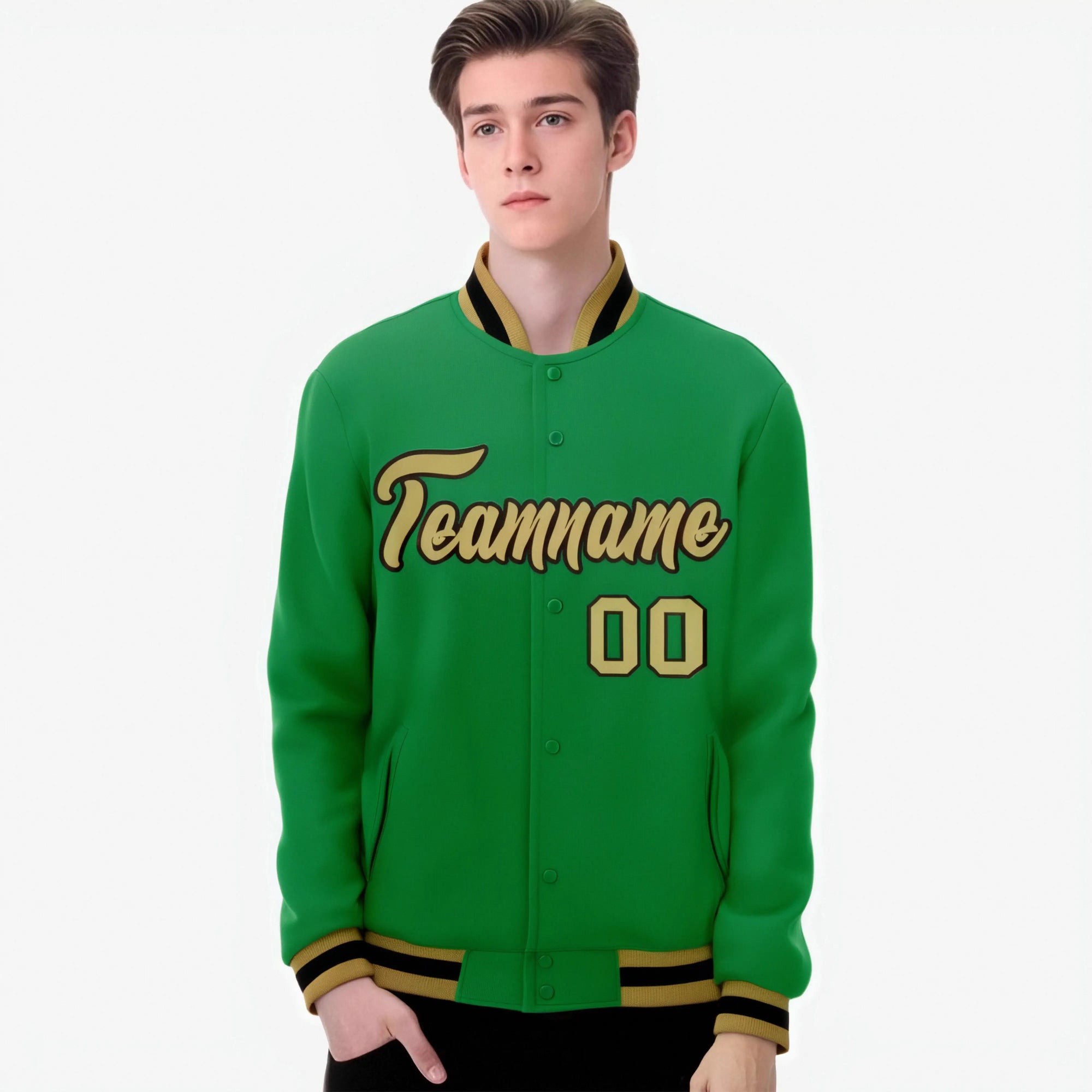 Custom Kelly Green- Old-Gold- Black Bomber Full-Snap Varsity Letterman Jacket