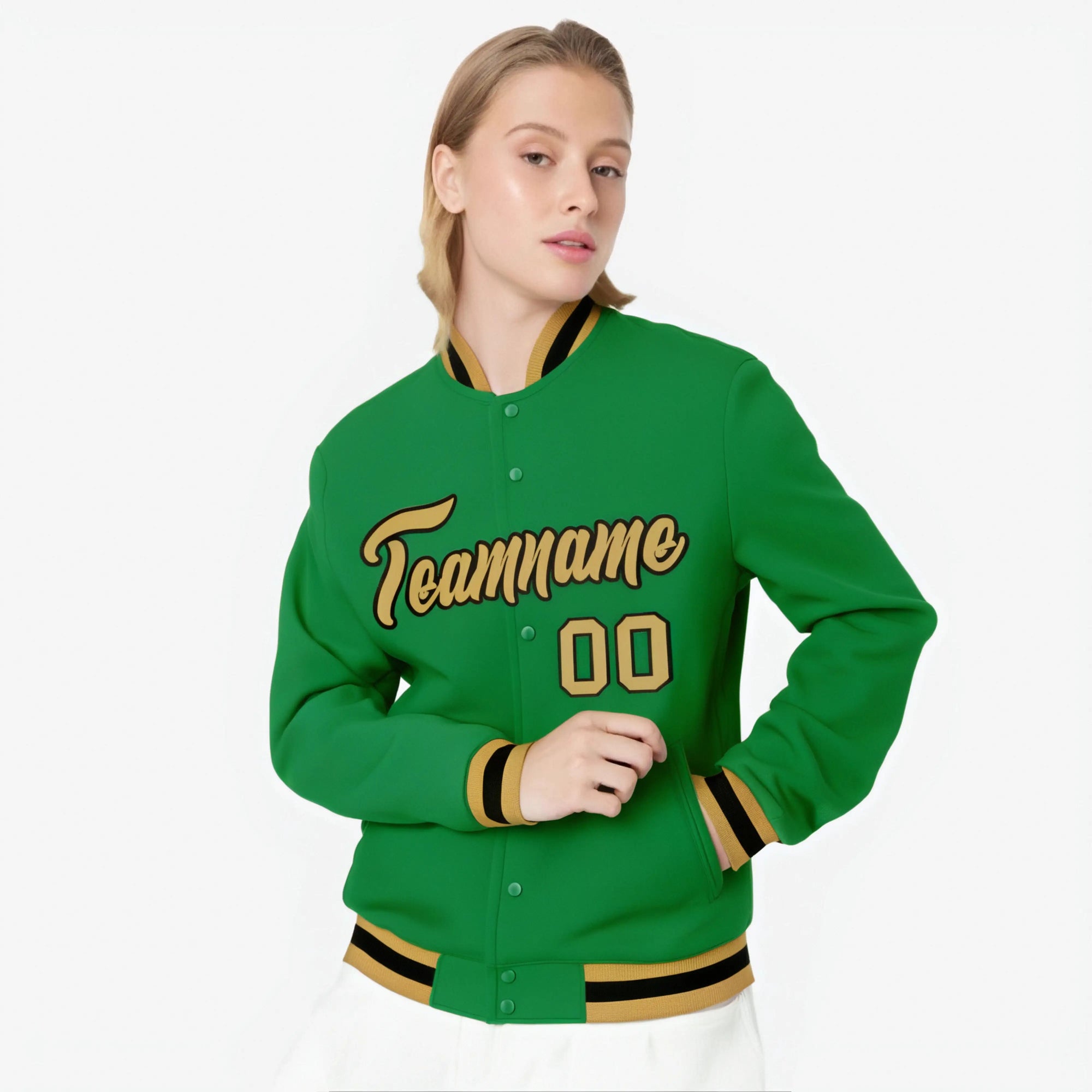 Custom Kelly Green- Old-Gold- Black Bomber Full-Snap Varsity Letterman Jacket