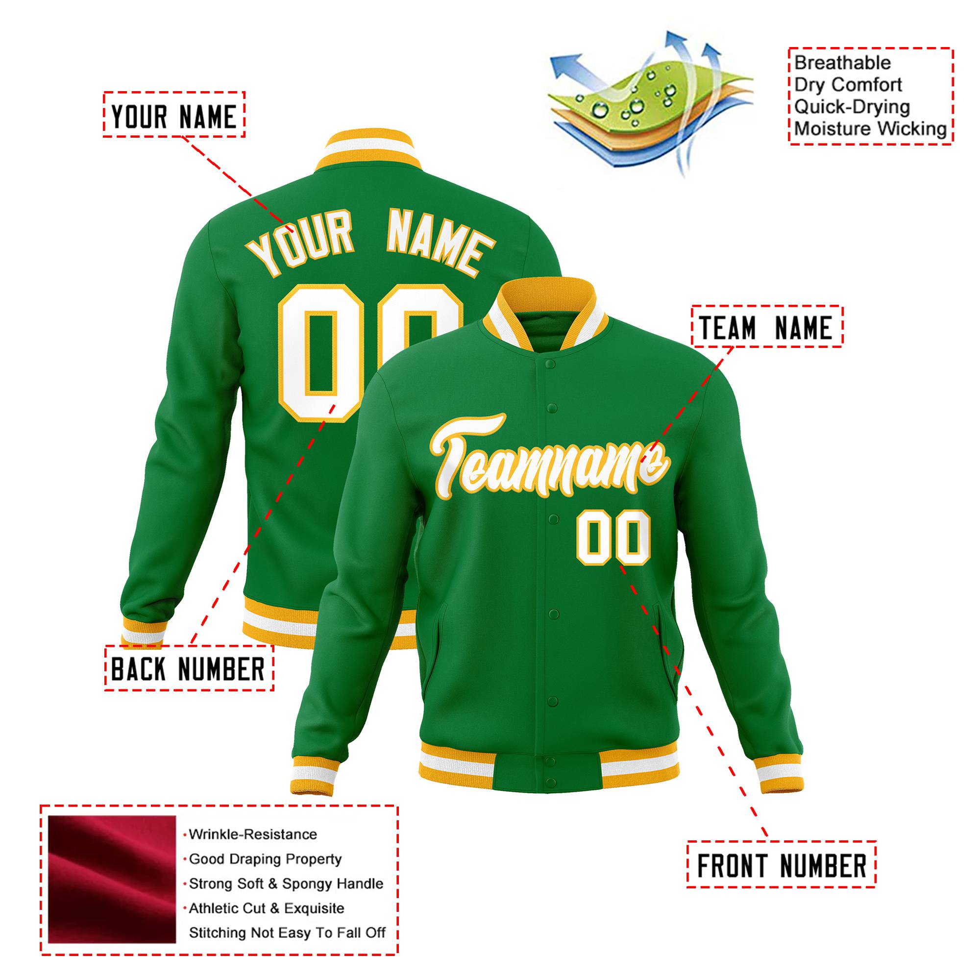 Custom Kelly Green- White-Gold Bomber Full-Snap Varsity Letterman Jacket