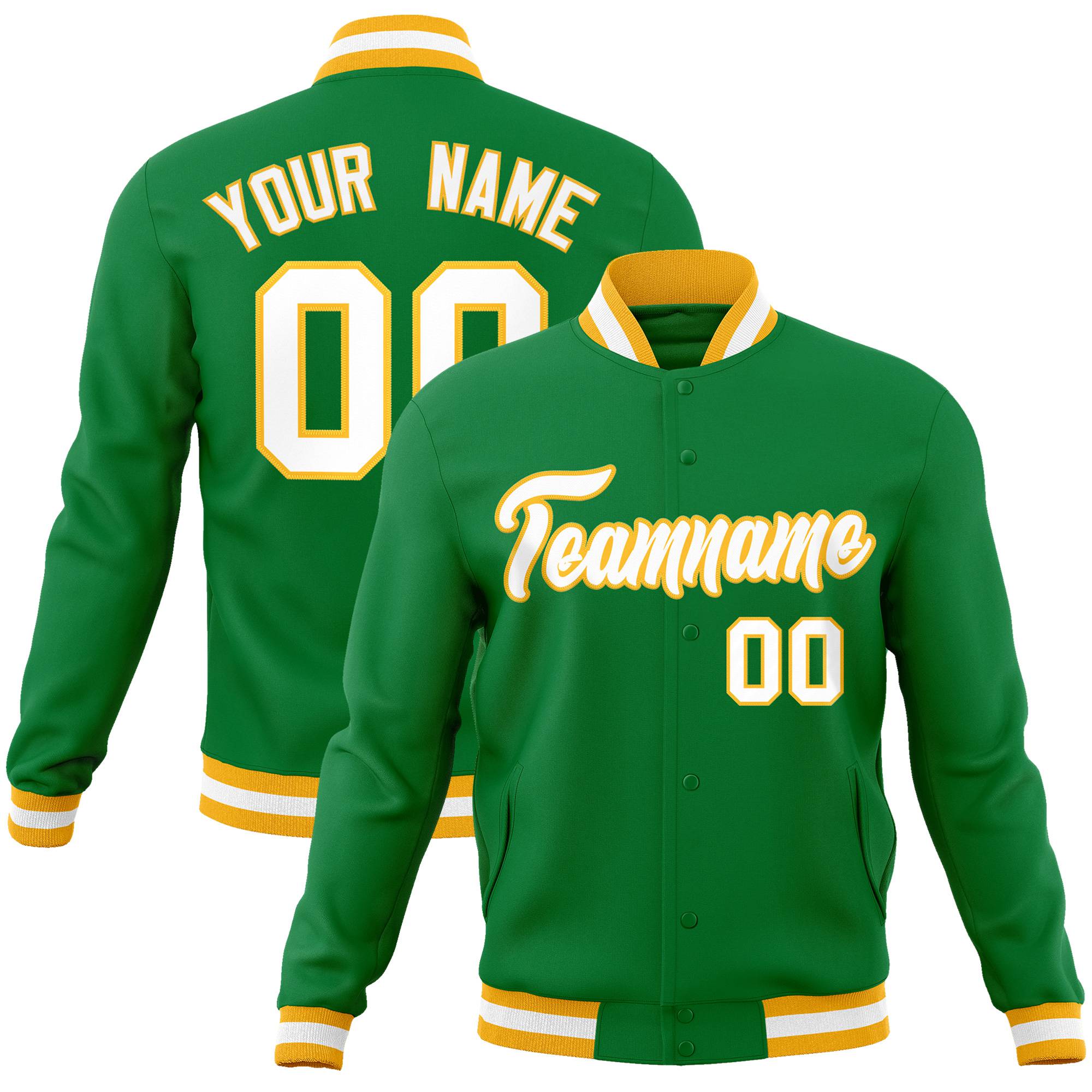 Custom Kelly Green- White-Gold Bomber Full-Snap Varsity Letterman Jacket