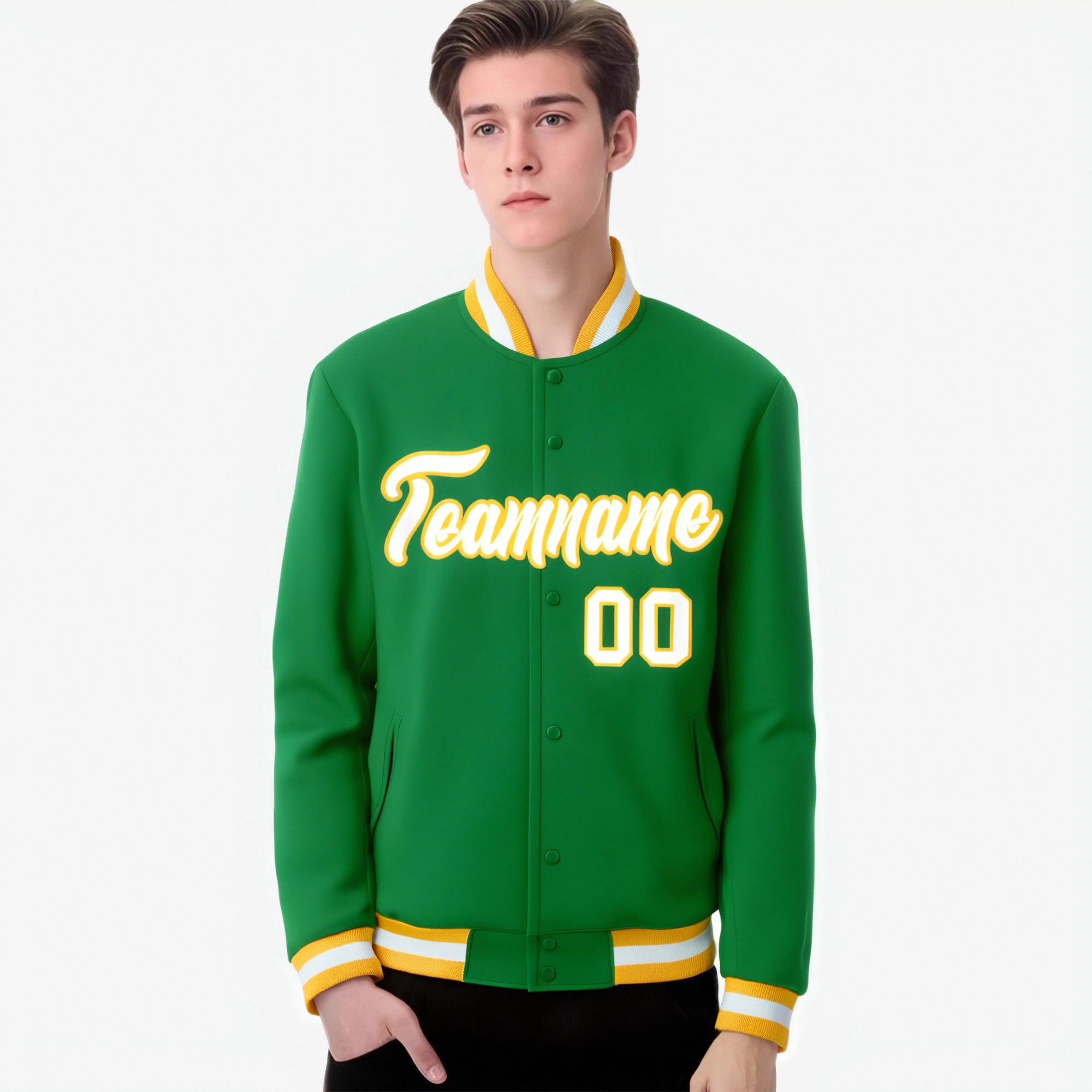 Custom Kelly Green- White-Gold Bomber Full-Snap Varsity Letterman Jacket