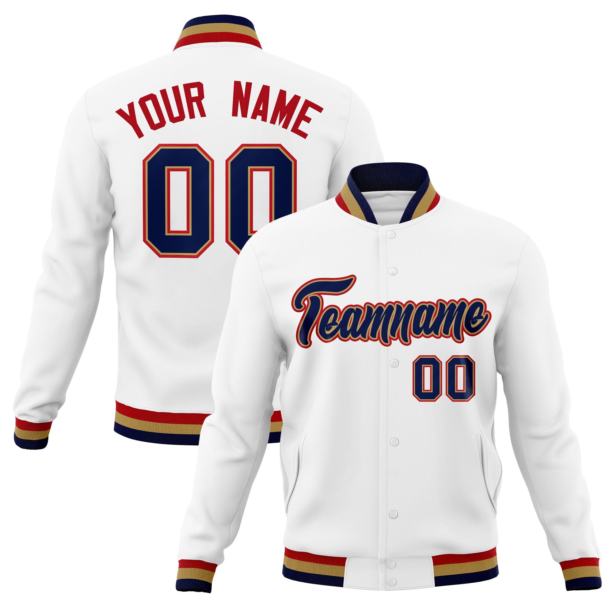 Custom White-Old-Gold-Red Bomber Full-Snap Varsity Letterman Jacket