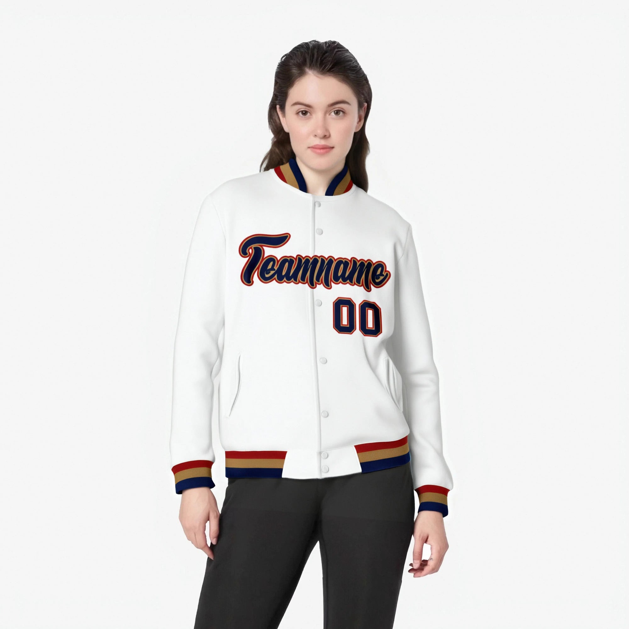 Custom White-Old-Gold-Red Bomber Full-Snap Varsity Letterman Jacket