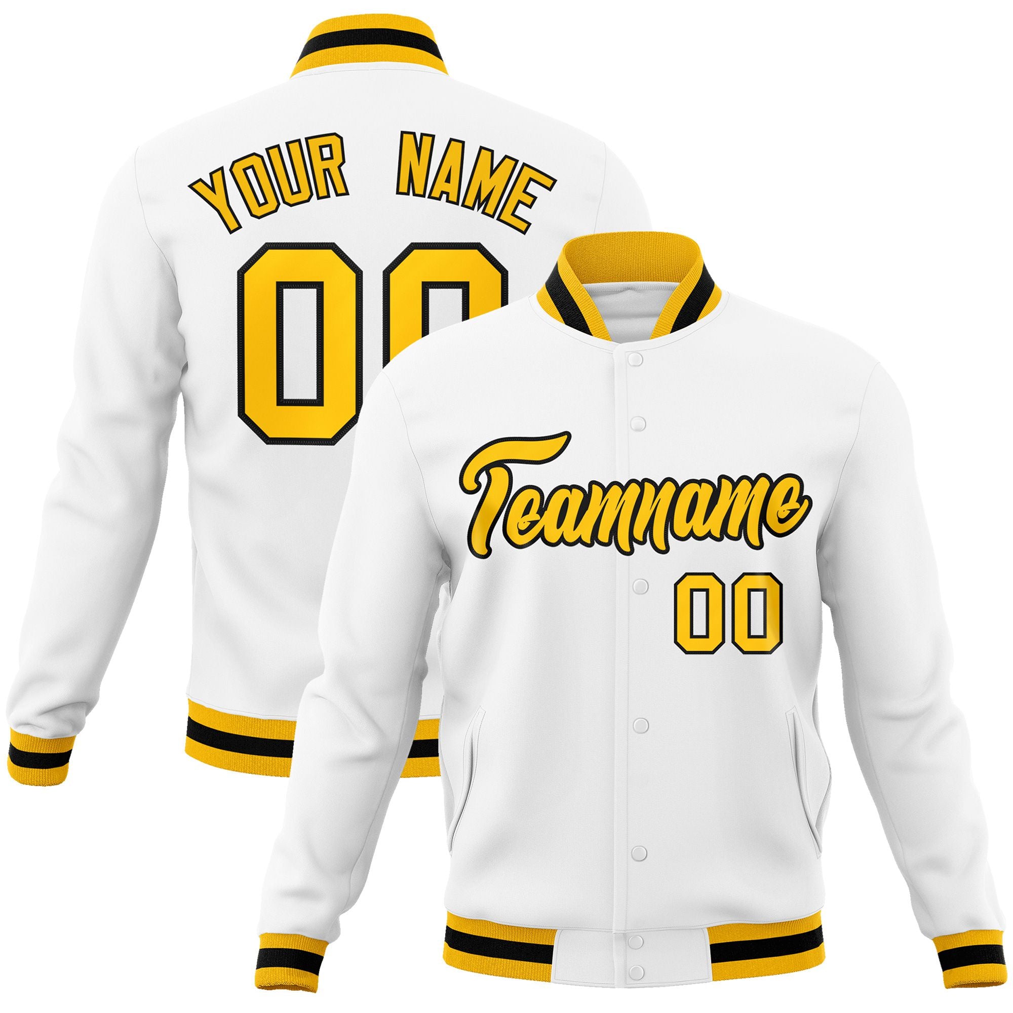 Custom White- Gold-Black Bomber Full-Snap Varsity Letterman Jacket