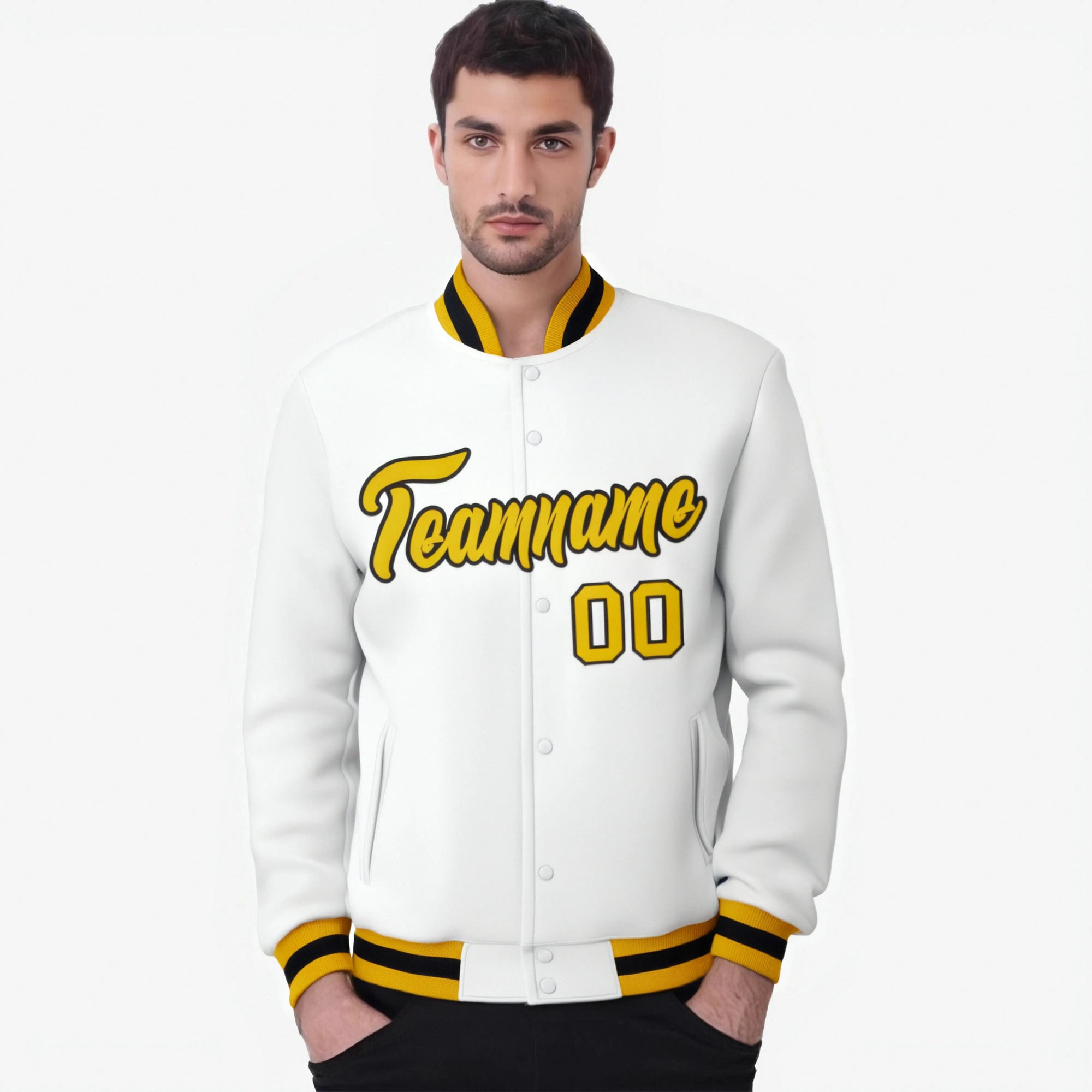 Custom White- Gold-Black Bomber Full-Snap Varsity Letterman Jacket