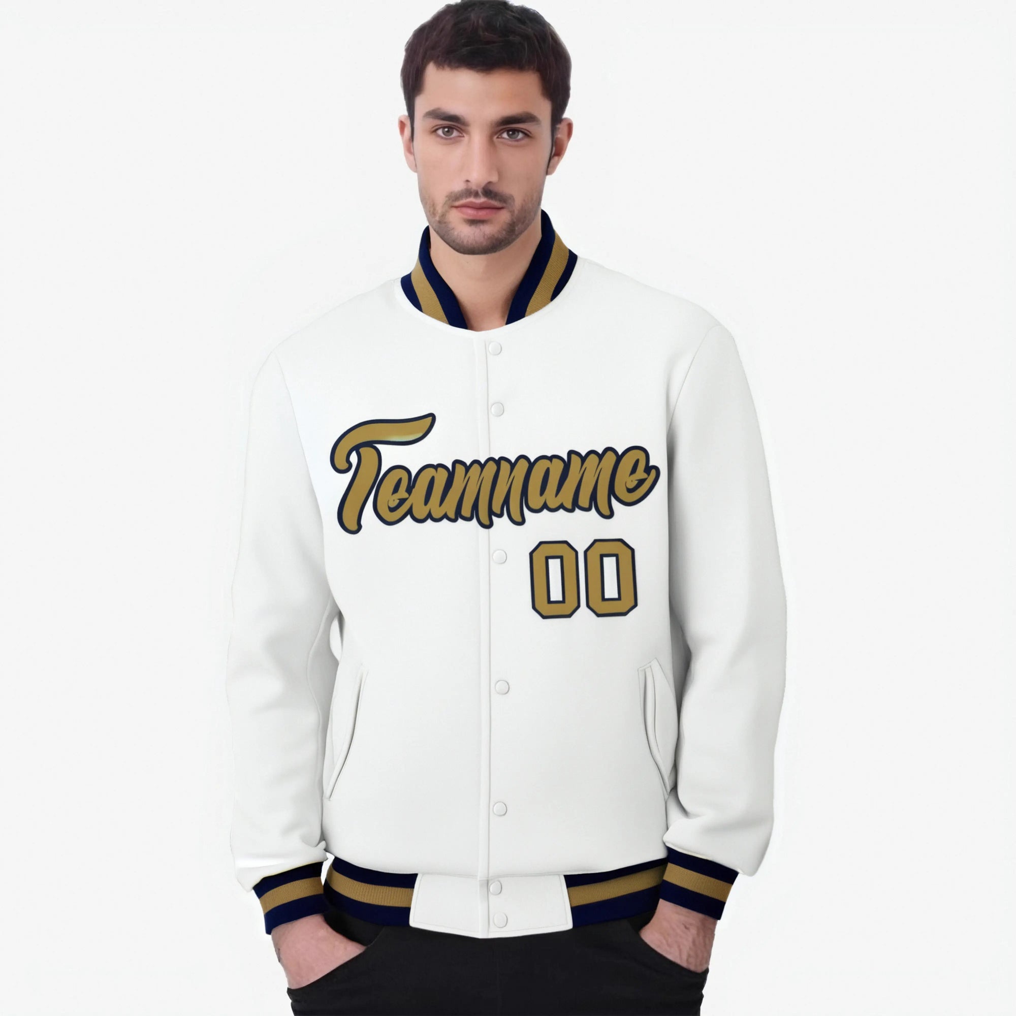 Custom White- Old Gold- Navy Bomber Full-Snap Varsity Letterman Jacket