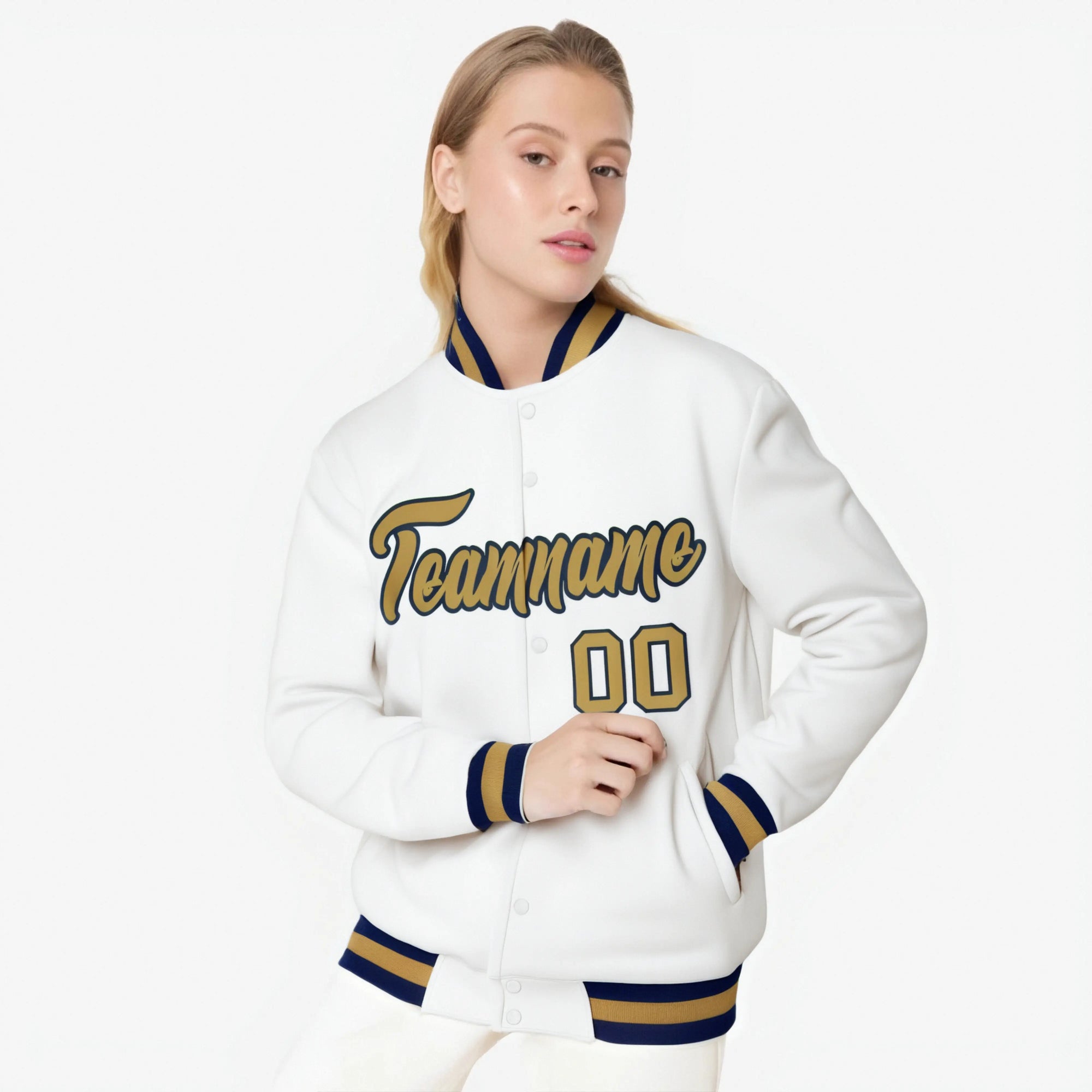 Custom White- Old Gold- Navy Bomber Full-Snap Varsity Letterman Jacket