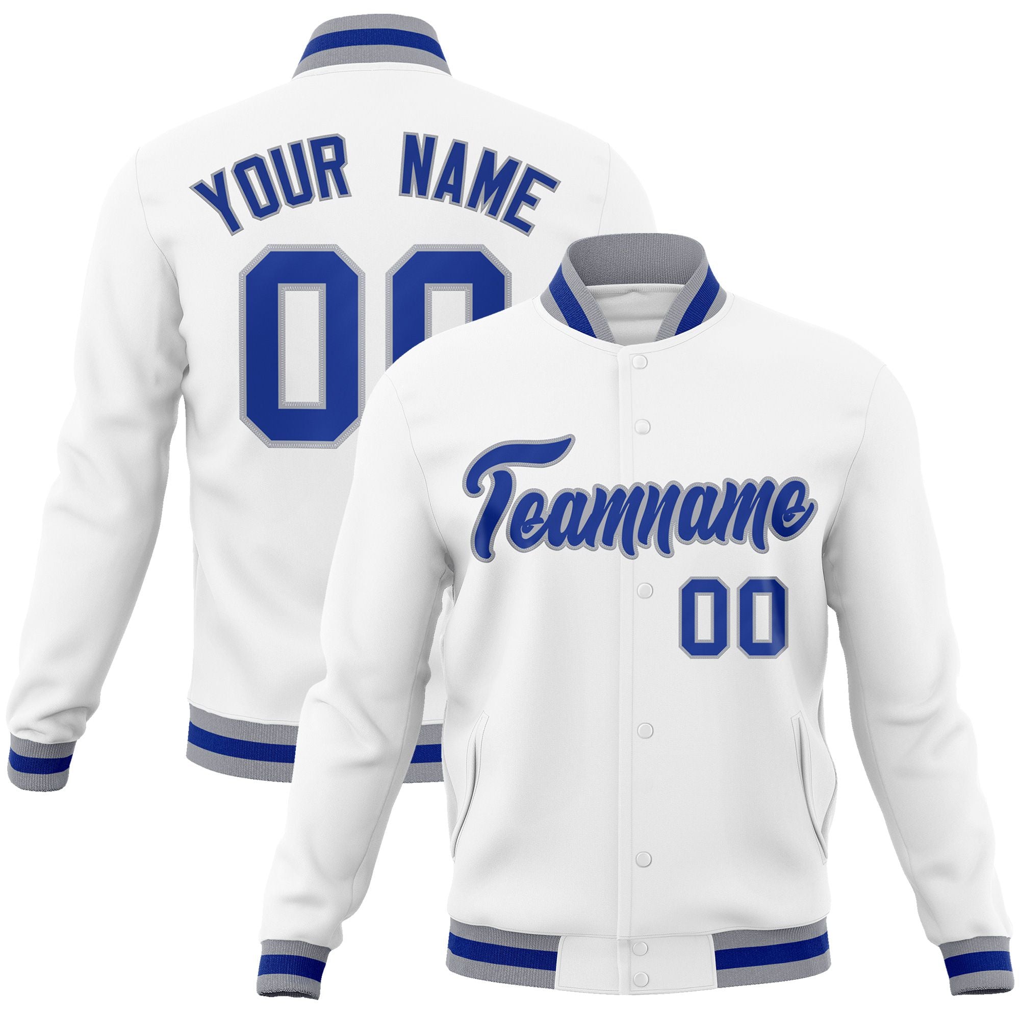 Custom White- Blue-Gray Bomber Full-Snap Varsity Letterman Jacket