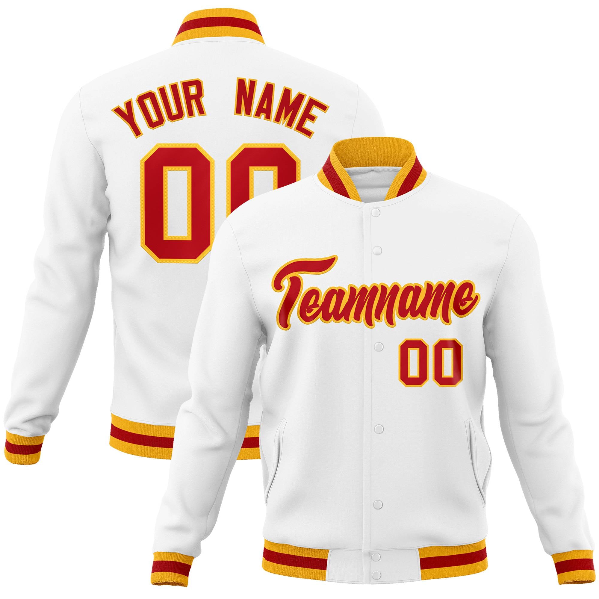 Custom White- Orange-Gold Bomber Full-Snap Varsity Letterman Jacket