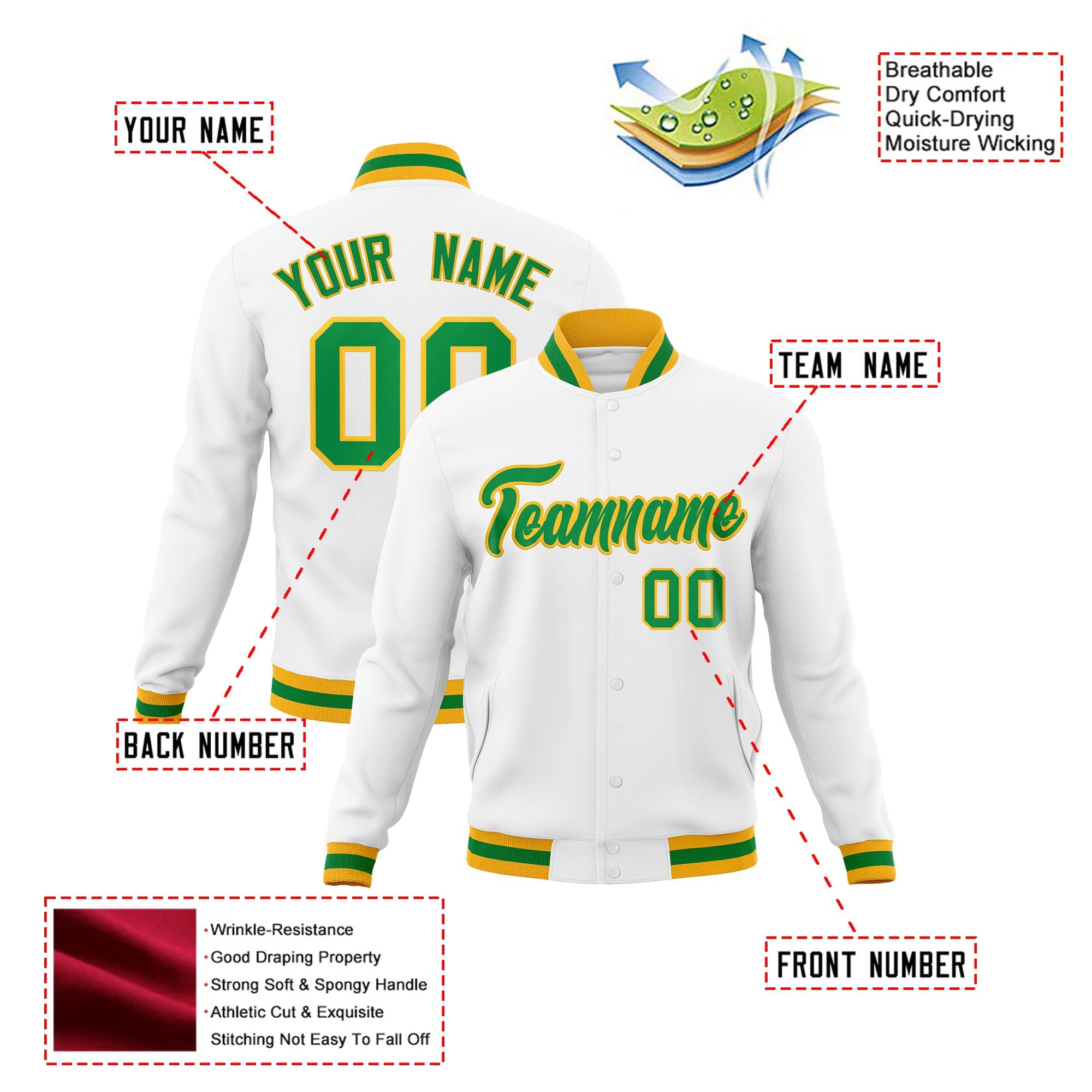 Custom White- Neon-Green- Gold Bomber Full-Snap Varsity Letterman Jacket