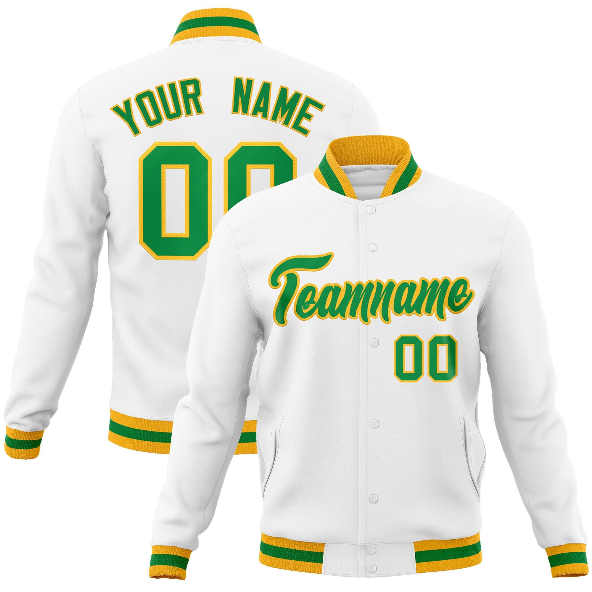 Custom White- Neon-Green- Gold Bomber Full-Snap Varsity Letterman Jacket