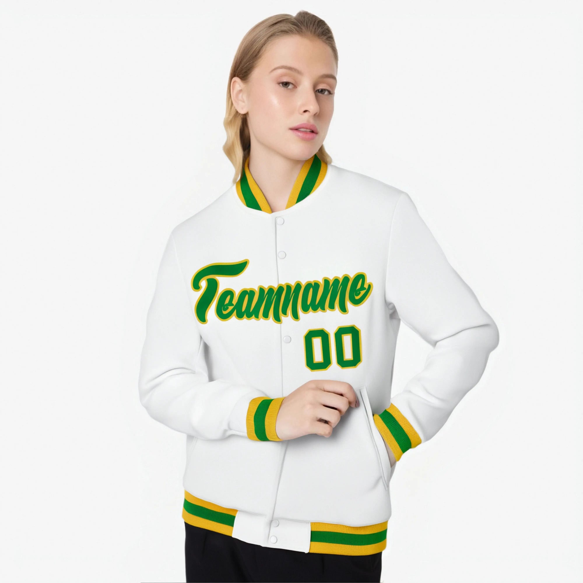 Custom White- Neon-Green- Gold Bomber Full-Snap Varsity Letterman Jacket