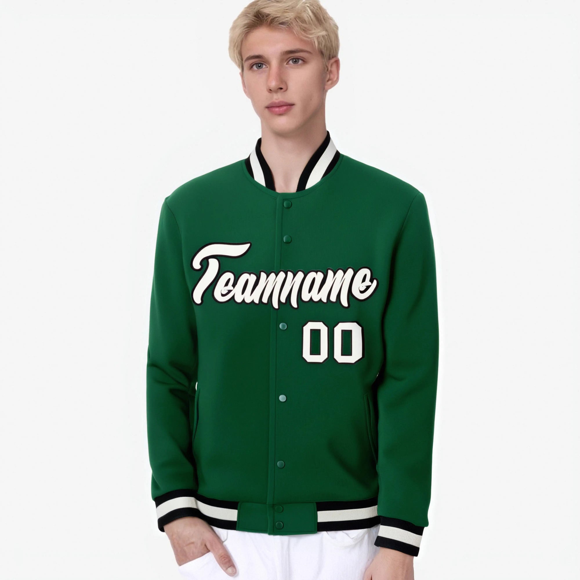 Custom Midnight Green- White-Black Bomber Full-Snap Varsity Letterman Jacket