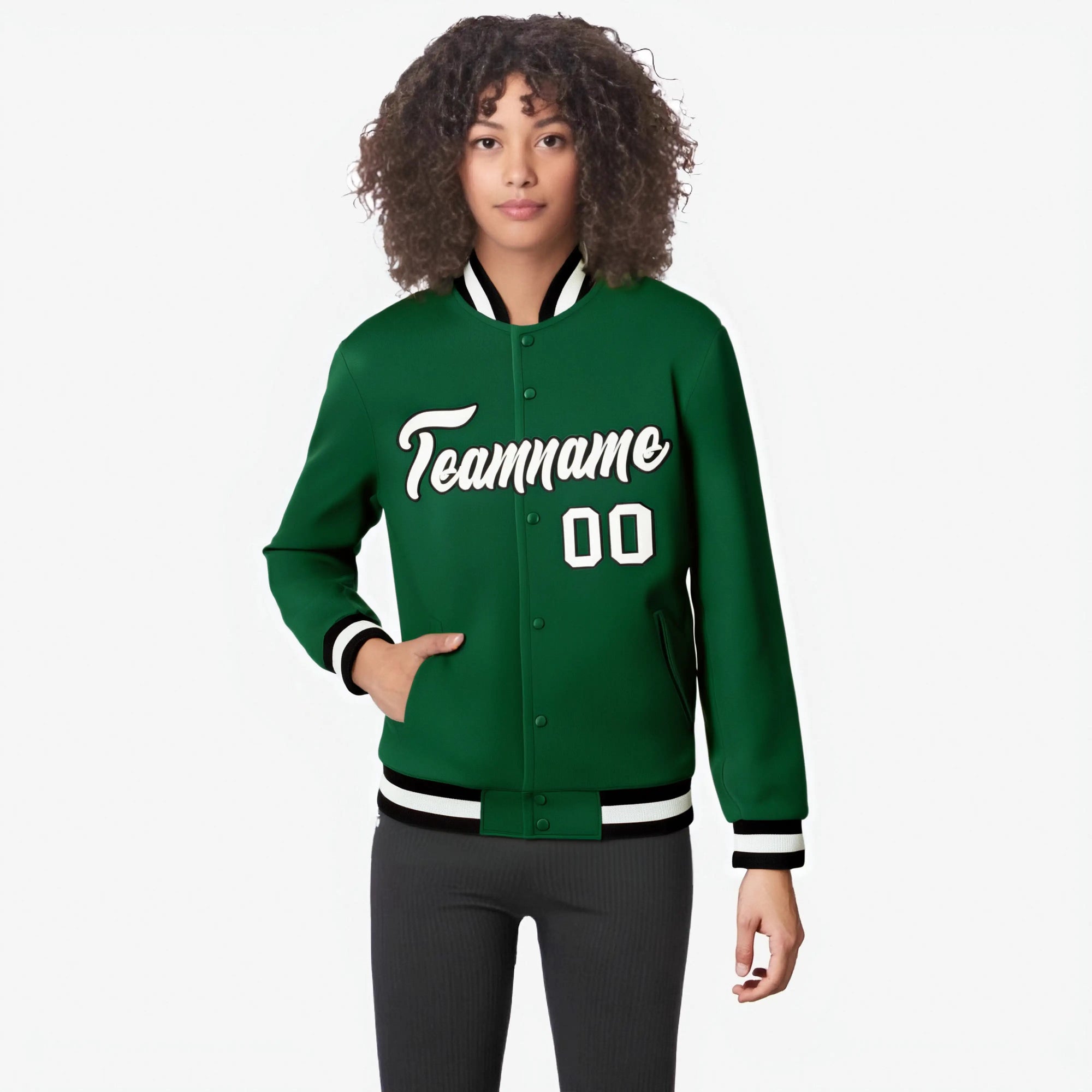 Custom Midnight Green- White-Black Bomber Full-Snap Varsity Letterman Jacket