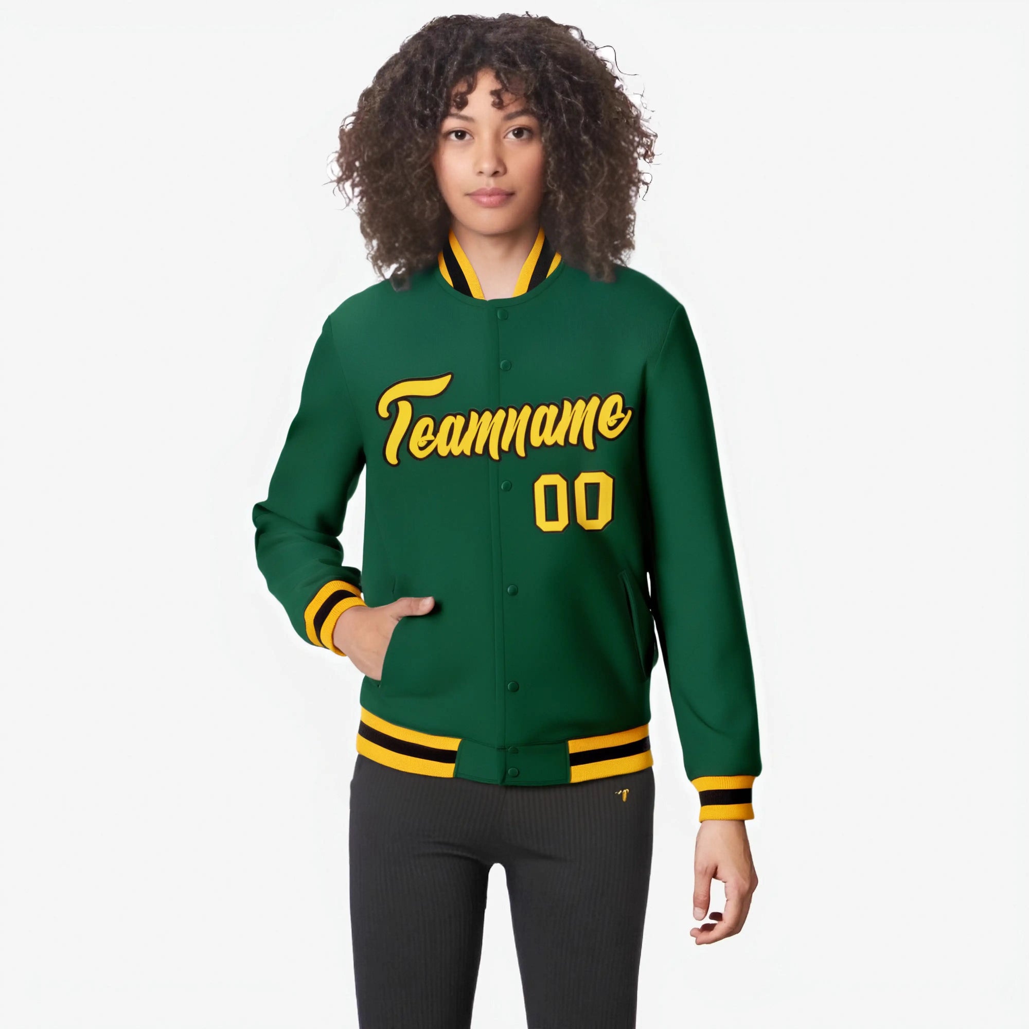 Custom Midnight-Green Yellow-Black Bomber Full-Snap Varsity Letterman Jacket