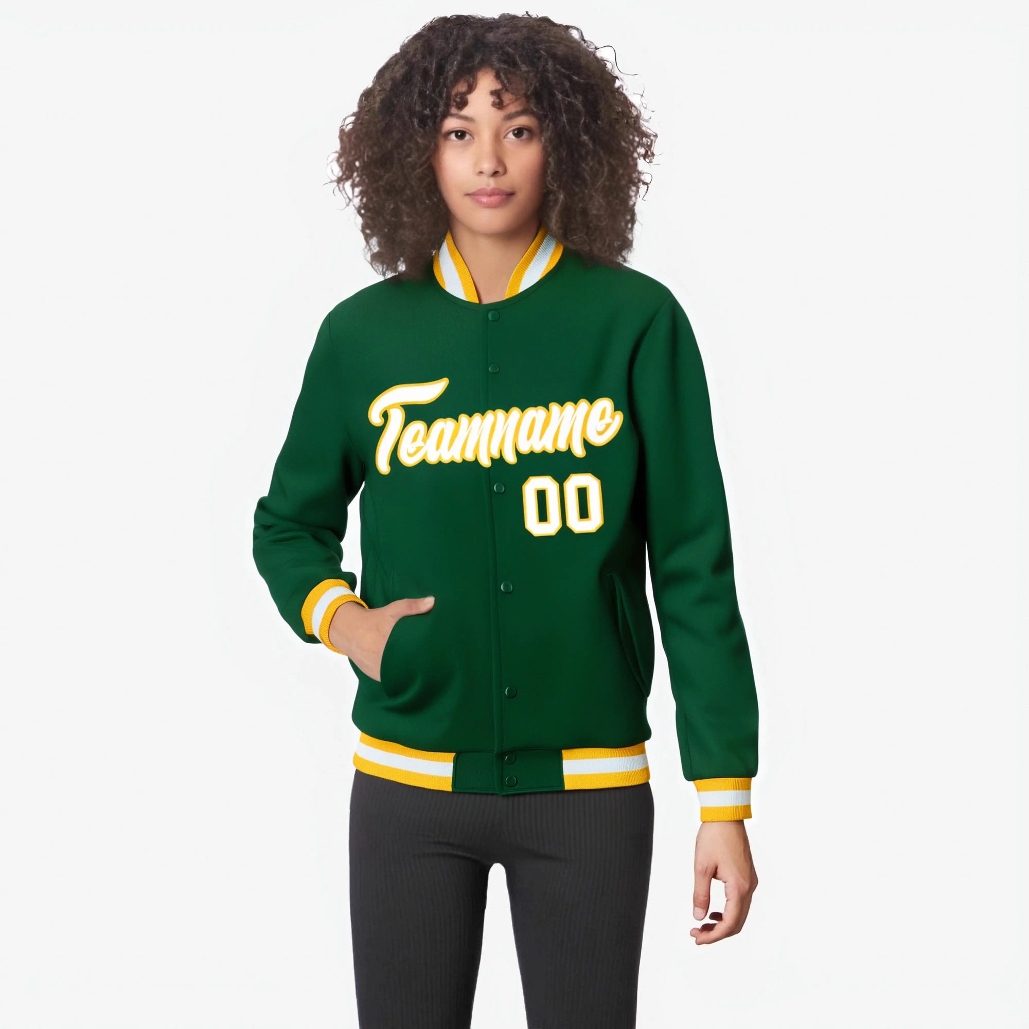 Custom Midnight Green- White-Gold Bomber Full-Snap Varsity Letterman Jacket