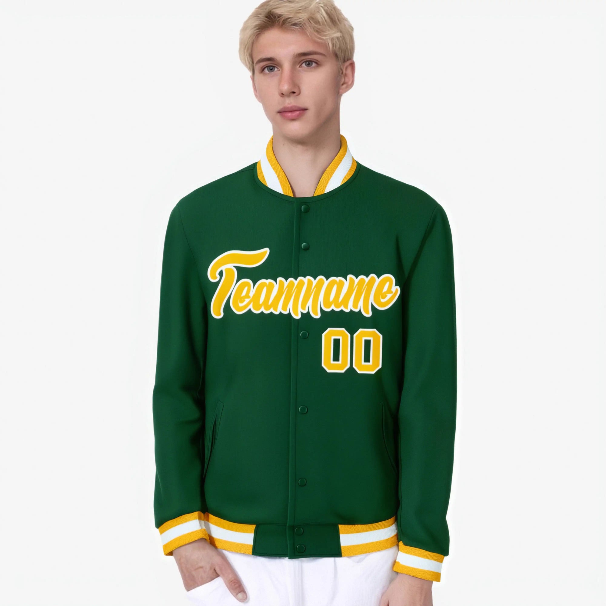 Custom Midnight Green- Yellow-White Bomber Full-Snap Varsity Letterman Jacket