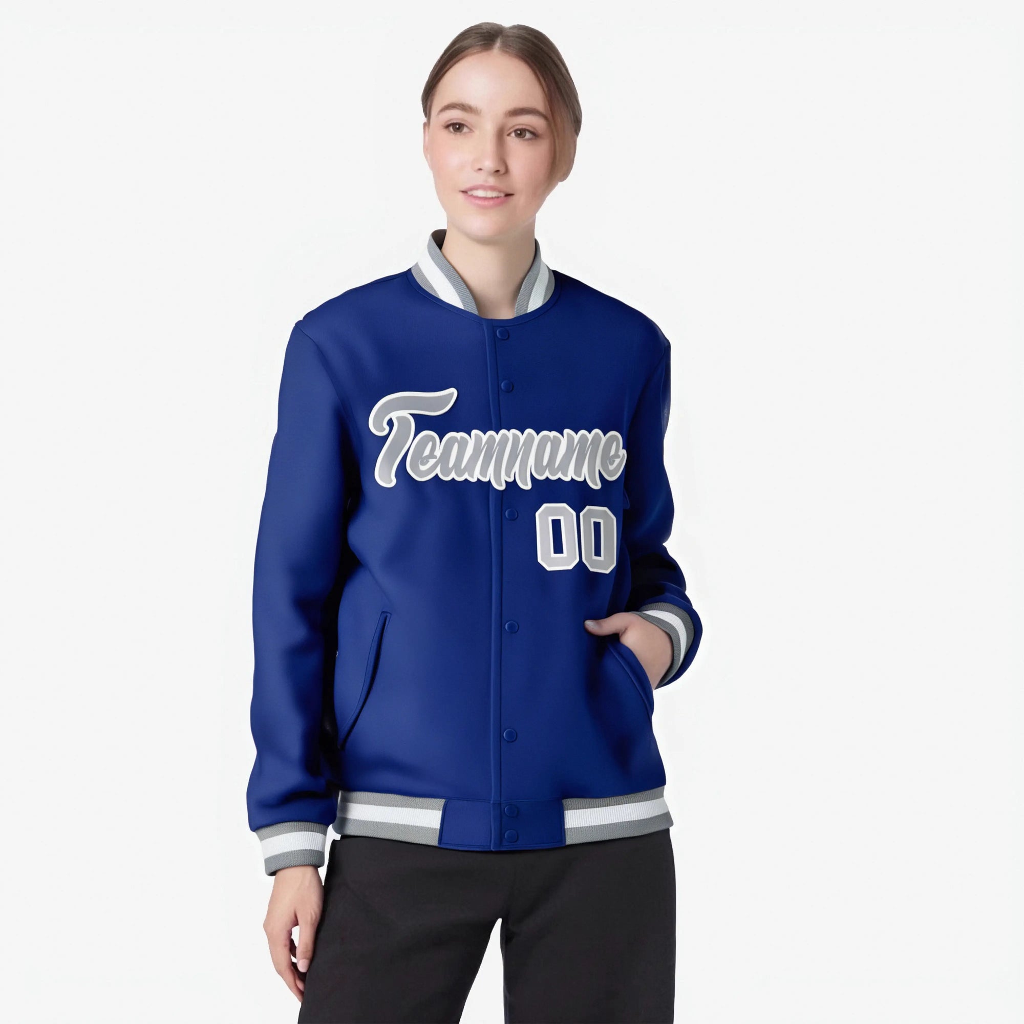 Custom Royal Blue- Gray-White Bomber Full-Snap Varsity Letterman Jacket