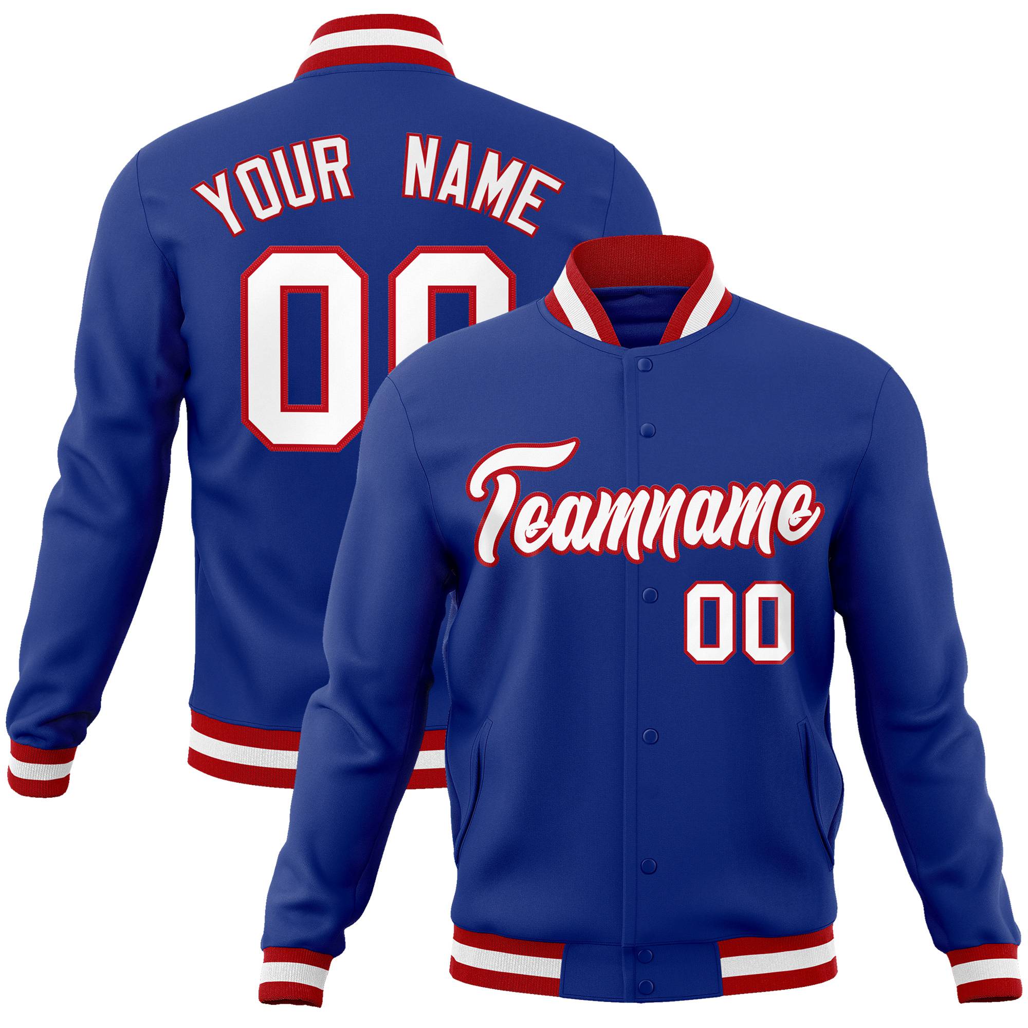 Custom Royal Blue- White-Red Bomber Full-Snap Varsity Letterman Jacket