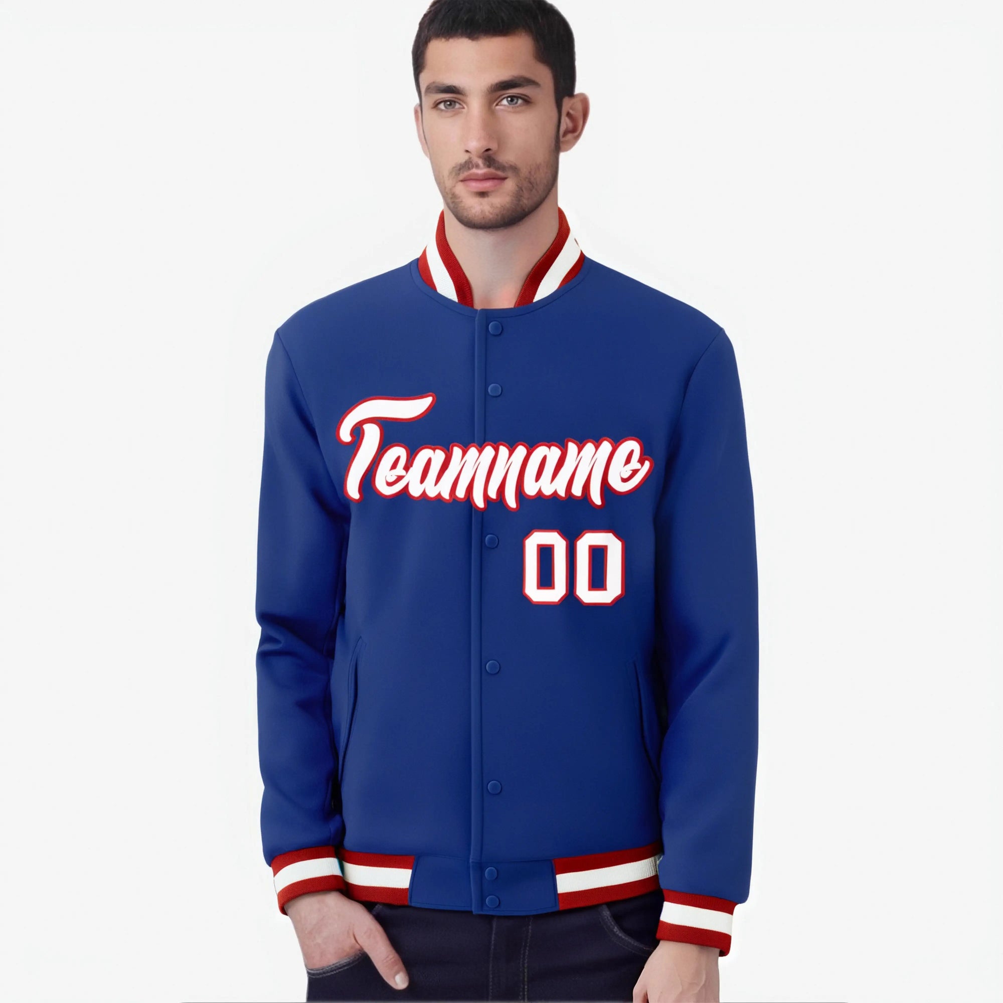 Custom Royal Blue- White-Red Bomber Full-Snap Varsity Letterman Jacket