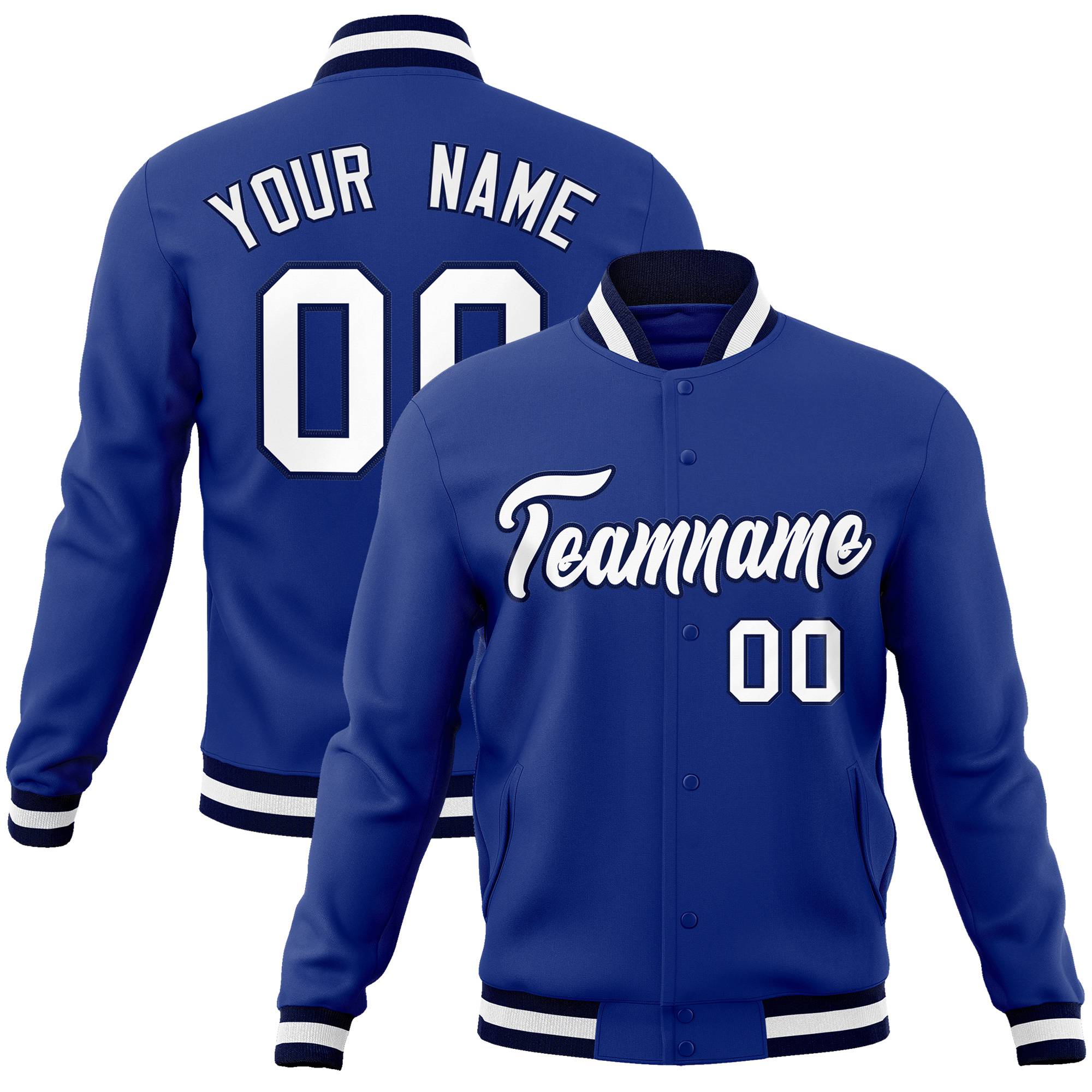 Custom Royal Blue- White-Black Bomber Full-Snap Varsity Letterman Jacket