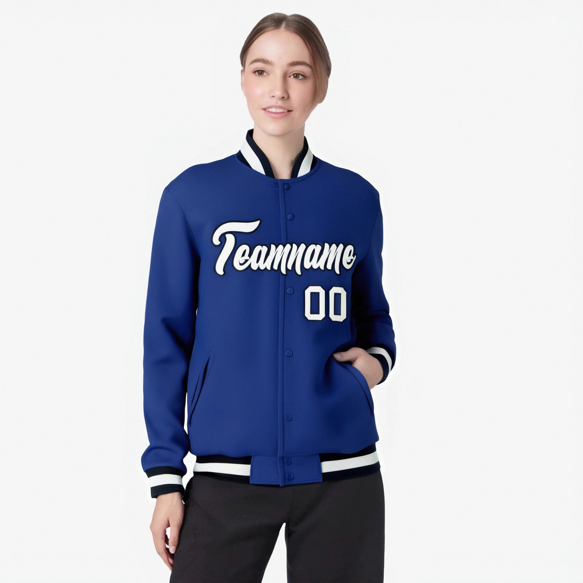 Custom Royal Blue- White-Black Bomber Full-Snap Varsity Letterman Jacket