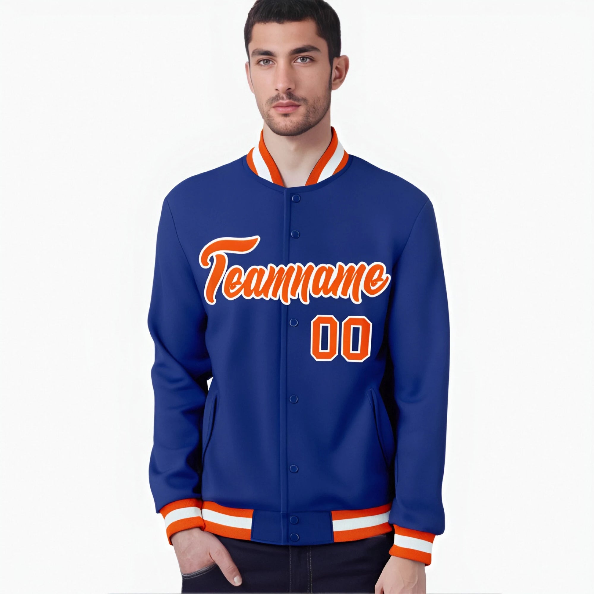 Custom Royal Blue- Orange-White Bomber Full-Snap Varsity Letterman Jacket